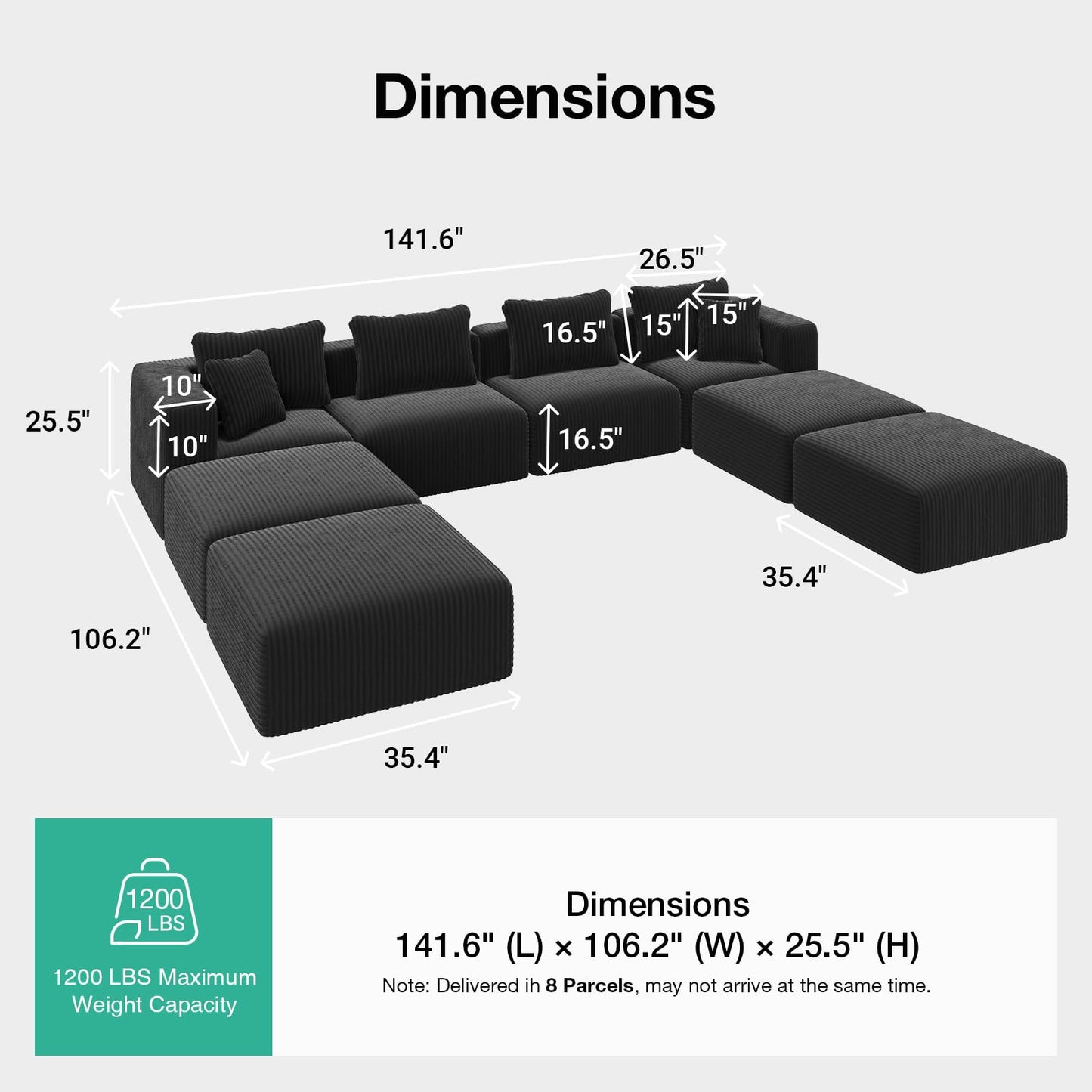 Novilla 141" Modular Sectional Sofa, Modern Cloud Sectional Couch with Smarts Coil® Support, U-Shape Boneless Couch for Living Room Apartments Bedroom, No Assembly Required (4 Seater + 4 Ottoman)