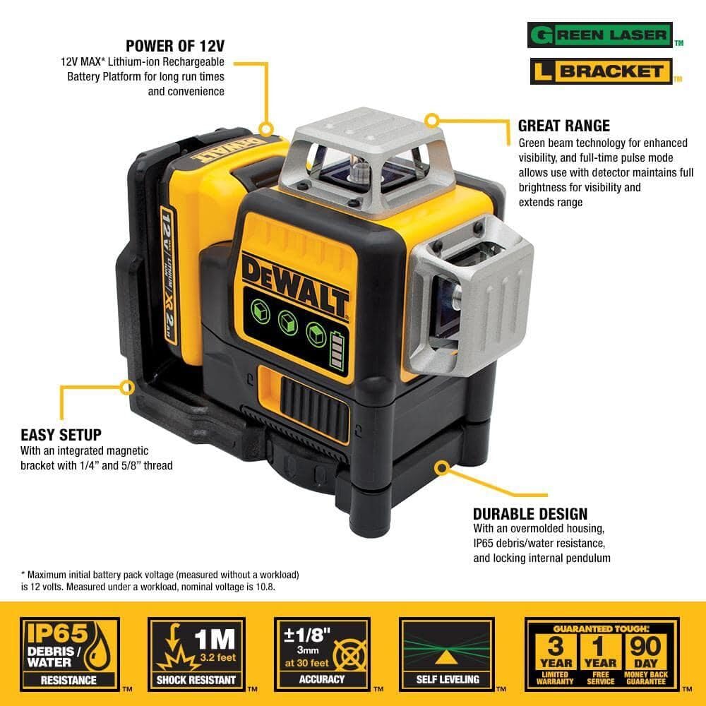 DEWALT Laser Level 360 Self Leveling, 3 Way Green Laser Leveler Tool 12V MAX with 2.0Ah Battery, Charger and Durable Carrying Case, 100 Ft, Tripod Compatible (DW089LG)