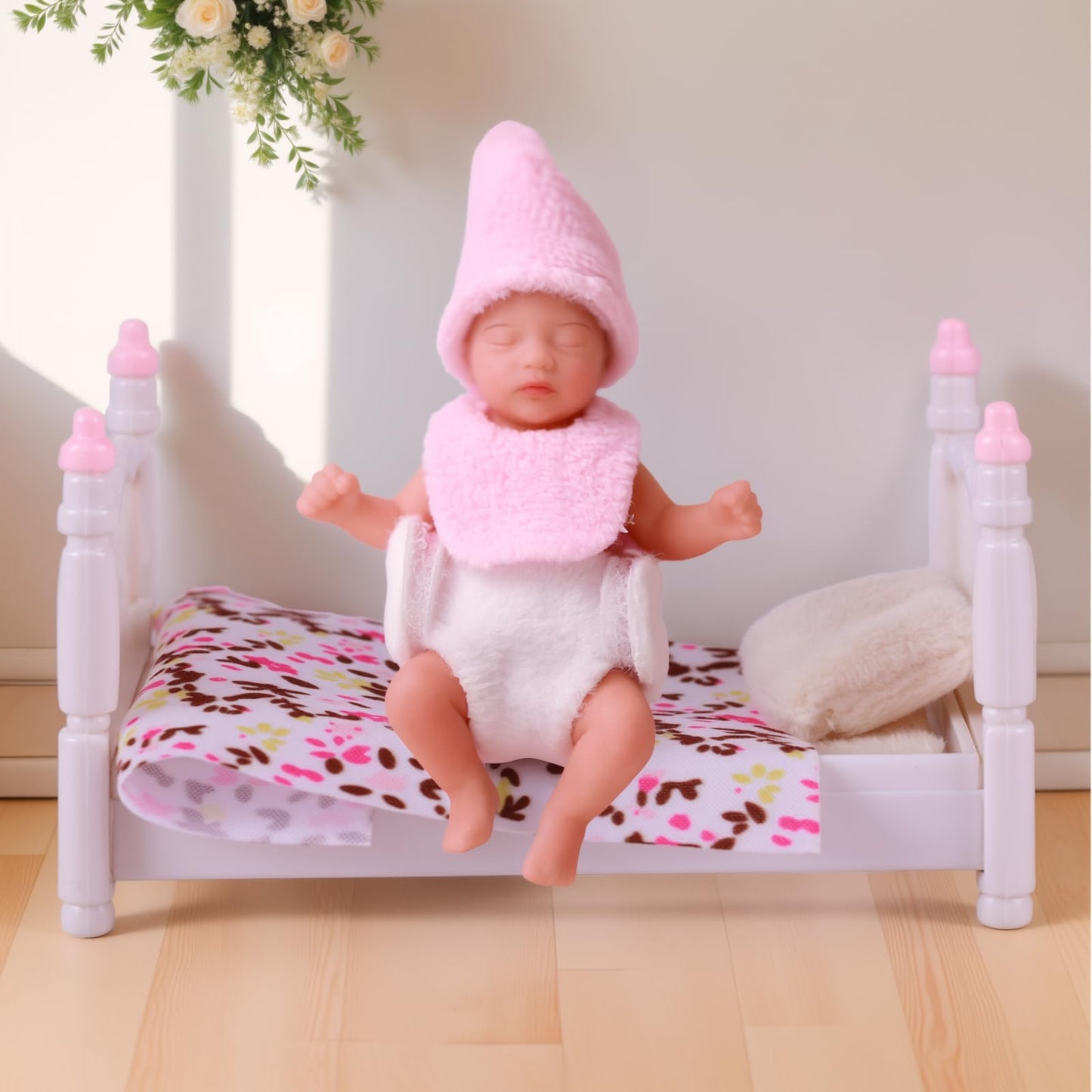 BABESIDE Mini Silicone Baby Dolls, 3 Inch Realistic Newborn Baby Dolls Full Silicone Sleeping Little Mini Real Life Baby Girl Miniature Baby with Playset Accessories(Pink)