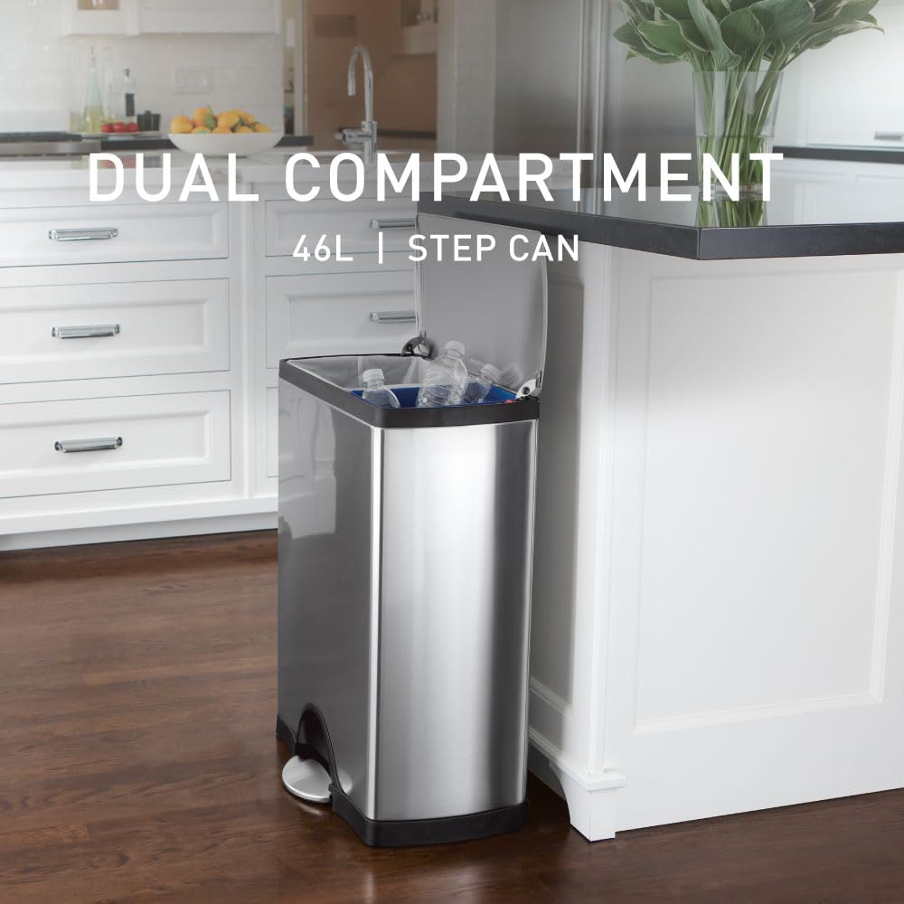simplehuman Rectangular Dual Compartment Recycling Kitchen Step Trash Can, 46 Liter, Brushed Stainless Steel