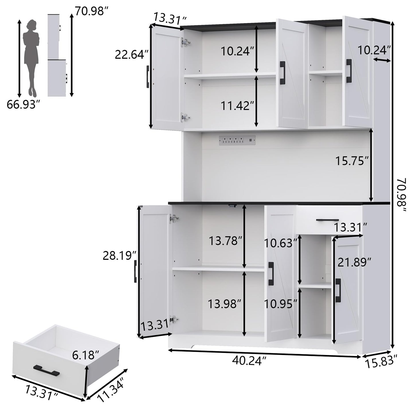 71" Tall Kitchen Pantry Storage Cabinet with Charging Station,Farmhouse Buffet Cabinet with Microwave Shelf,Large Kitchen Hutch Cabinet Doors & Drawer,Food Pantry for Dining Room,Living Room (White)