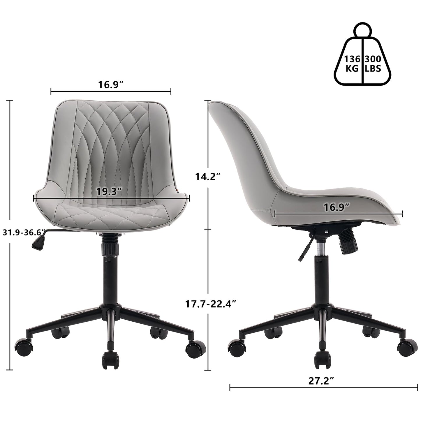 YOUNIKE Grey Ergonomic Home Office Desk Chair Armless Comfy Small Criss Cross Chair with Wheels Swivel Adjustable Modern Vanity Chair Wide Back Cute Leather Upholstered Rolling Task Chair No Arms
