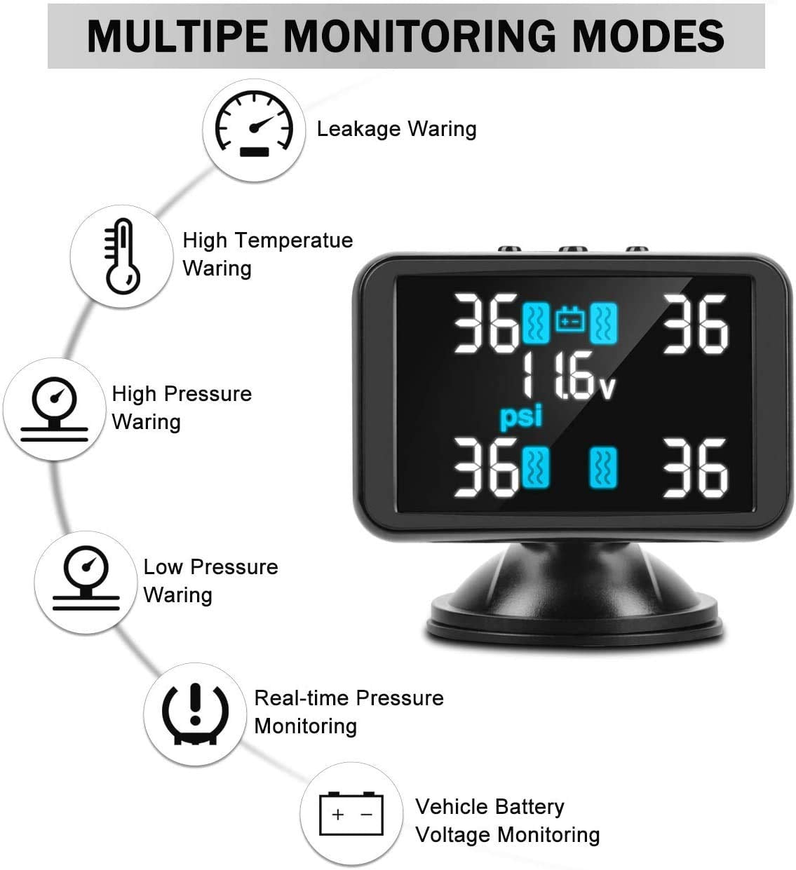 Tymate TPMS Tire Pressure Monitoring System - Large Colorful Screen TPMS, 4 Alert Modes with 4 Advanced External TPMS Sensors, Real-time Detection Tire Pressure&Temperature (0-87 PSI)