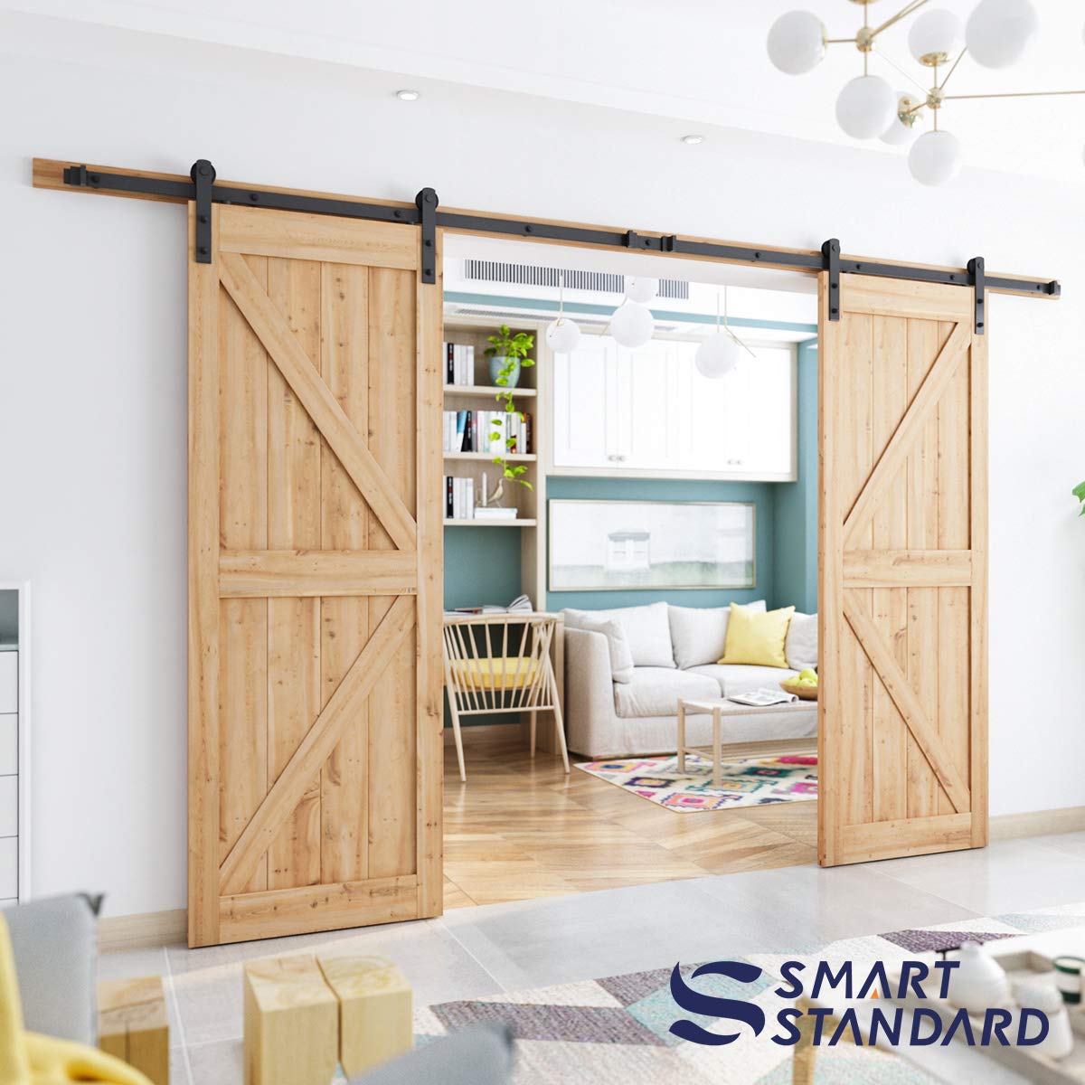 SMARTSTANDARD 12FT Heavy Duty Double Door Sliding Barn Door Hardware Kit,Smoothly and Quietly-Easy to Install-Includes Step-by-Step Installation Instruction Fit 36" Wide Door Panel