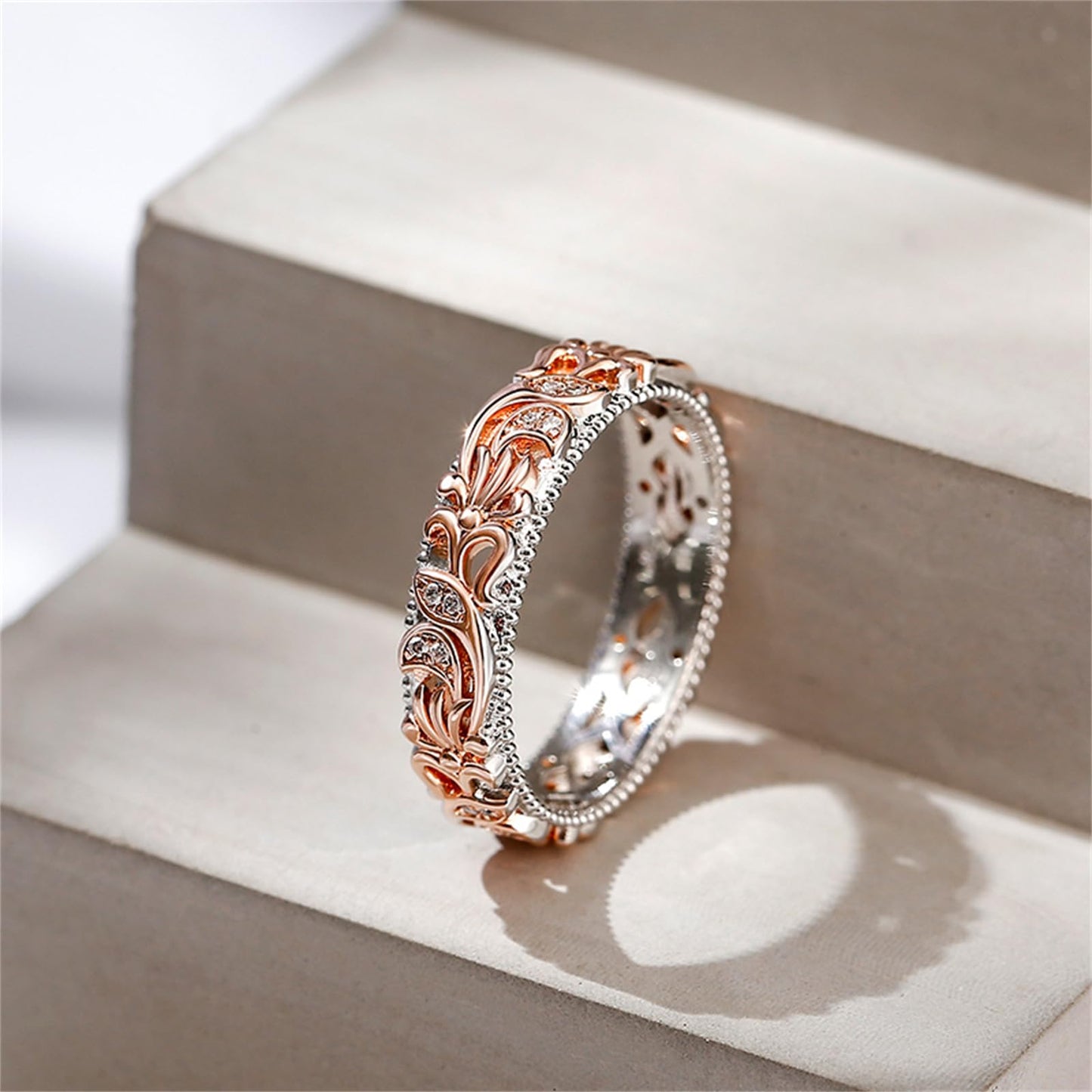 Jeulia Floral Ring Band Sterling Silver Two Tone Leaf Carved Vintage Unique Hollow Flower Rose Gold Jewelry Engagement Wedding Bridal Sets Stackable Anniversary Promise with Gift Box (Floral, 10.5)