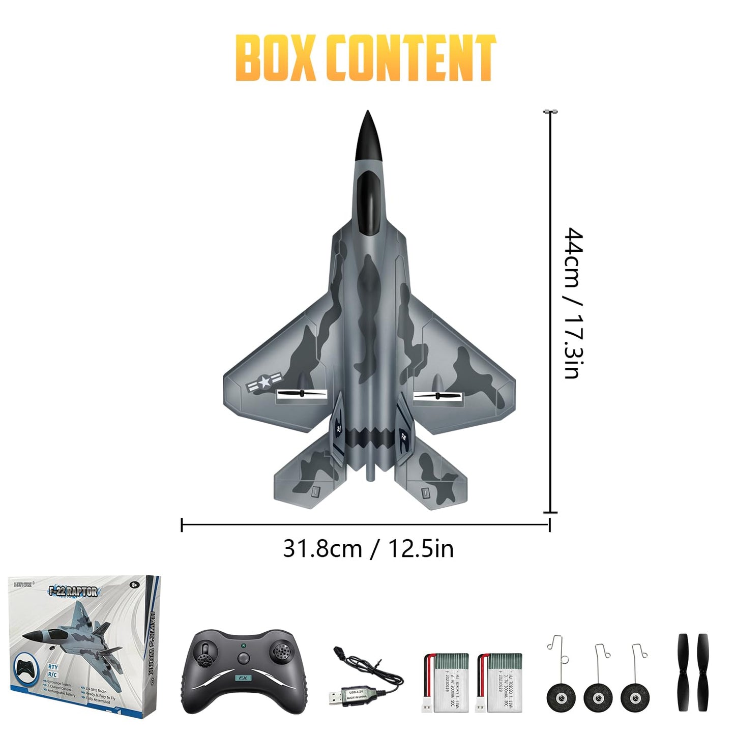 HAWK'S WORK 2 CH RC Airplane, F-22 Plane Ready to Fly, 2.4GHz Remote Control, Easy to Fly RC Glider for Kids & Beginners
