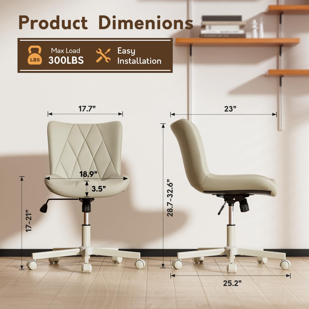 JULYMON Armless Desk Chair, Morden Home Office Chair no Arms, Adjustable Height & Rocking Computer Chair, PU Leather Vanity Chair, Ergonomic Seat Soft Padded Desk Chairs for Home Small Space, Beige