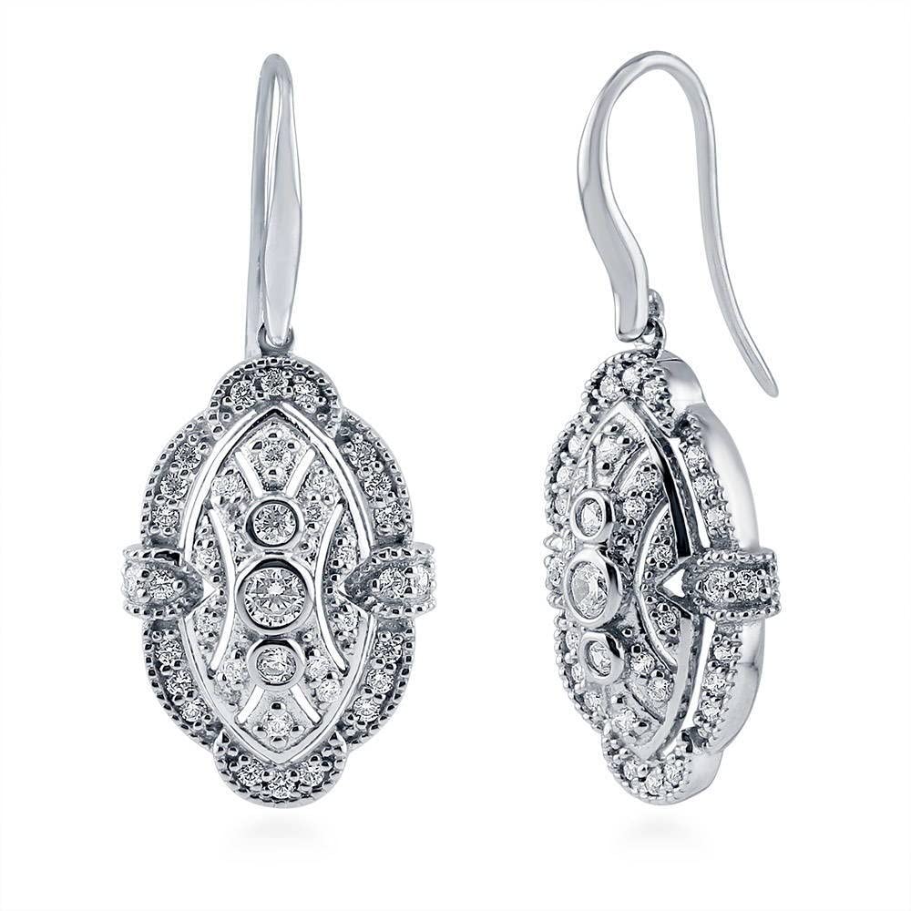 BERRICLE Sterling Silver Vintage Inspired Art Deco Cubic Zirconia CZ Milgrain Fashion Necklace and Earrings Set for Women, Rhodium Plated