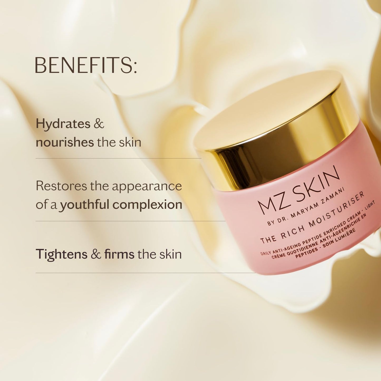 MZ SKIN The Rich Moisturiser 1.69 fl oz | Anti-Aging Face Cream with Hyaluronic Acid, Peptides & Ceramides | Deep Hydration, Firmness & Plumps To Reduce Fine Lines & Wrinkles