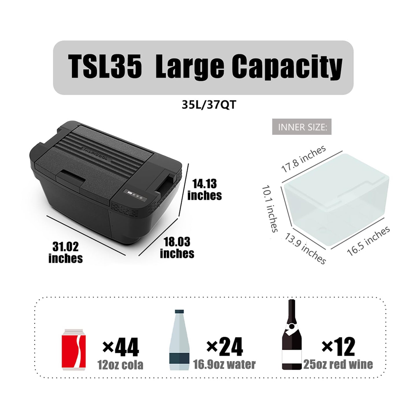 Alpicool TSL35 Portable Car Refrigerator for Tesla Model Y 2024, 37qt(35L) Car Freezer, Fast Cooling Fridge -4℉~68℉, 12/24V DC for Outdoor, Camping