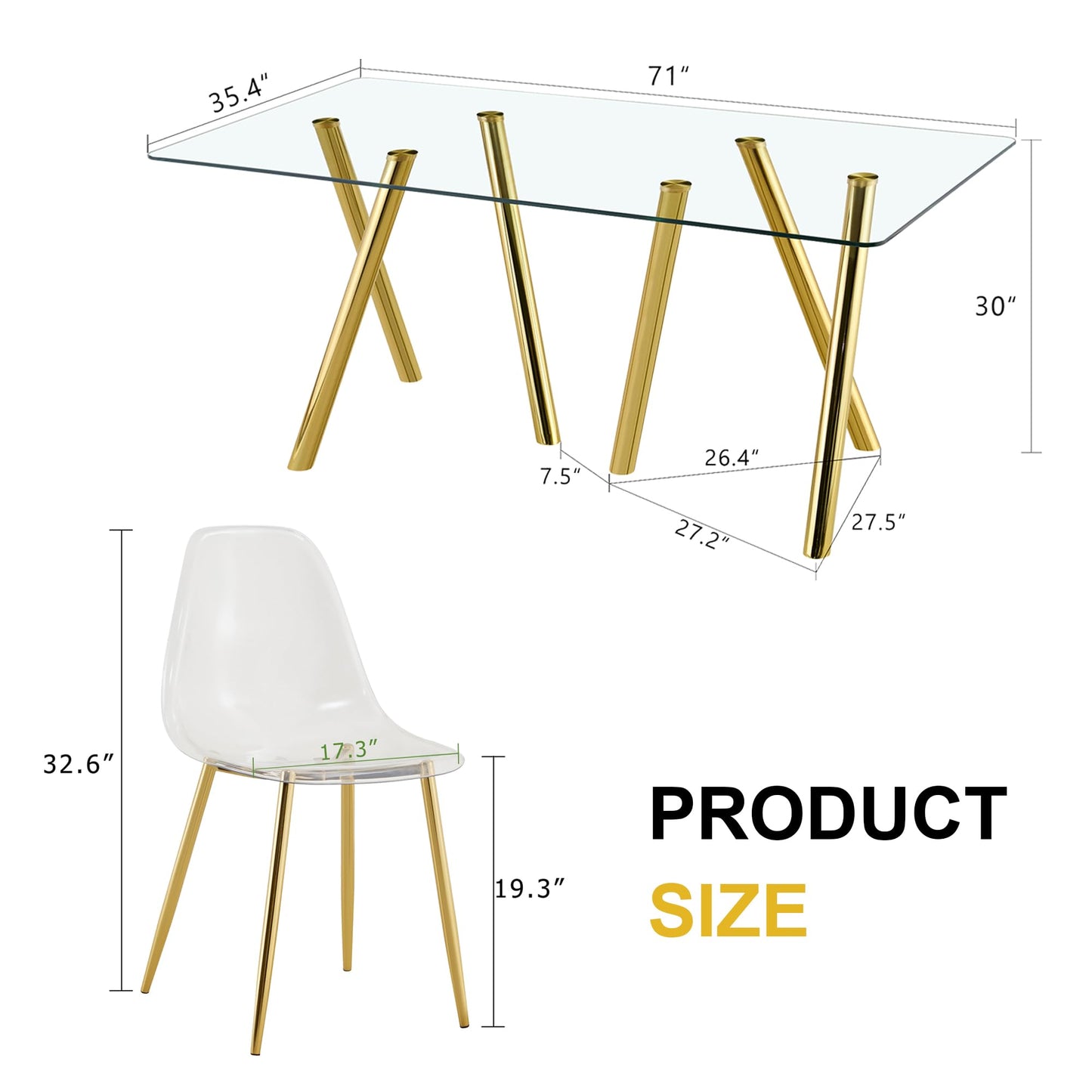JEARGE Glass Dining Table Set for 6,7 Piece Dining Room Table Set for 6, 71" Modern Kitchen Table with Acrylic Dining Chairs,Suitable for Kitchen