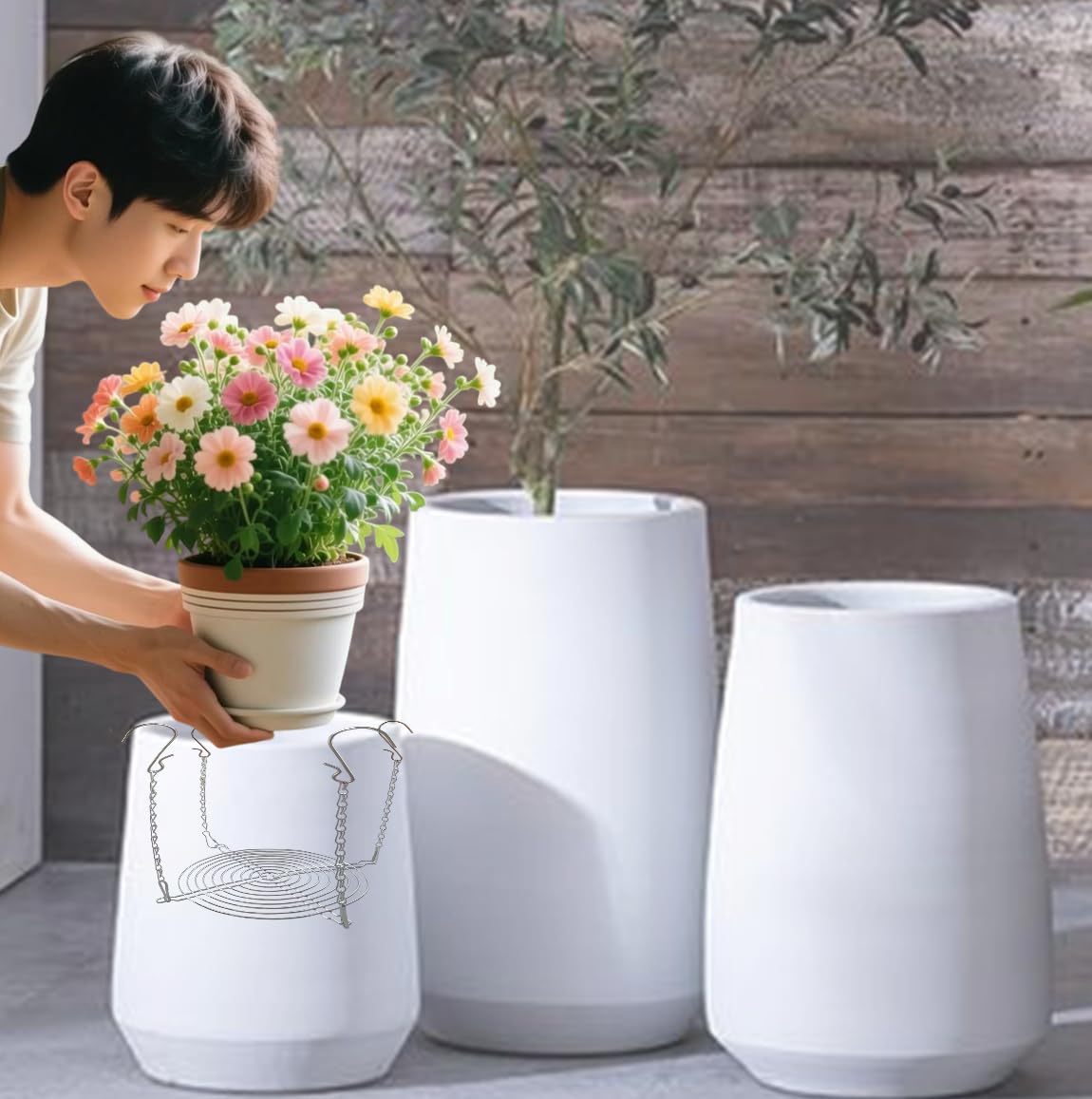 Toeloioh 1Set Adjustable Height Planter Inserts for Tall Planters Large Pots,4 Hooks Fits in The Top Openings,Chain Planter Filler Elevate Plants,Wedding & Party Decor