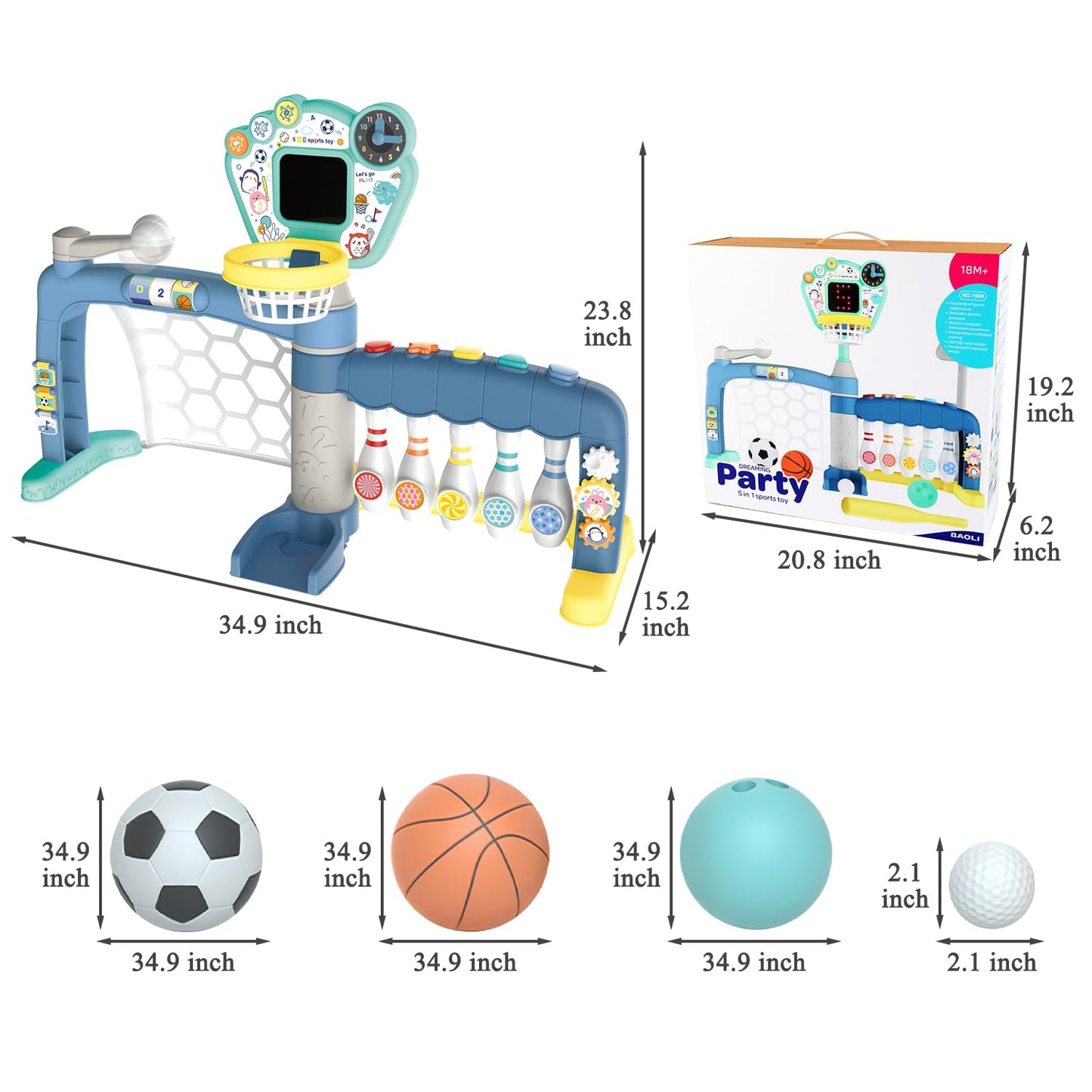 5-in-1 Toddler Sports Toys Activity Center: Includes Basketball Soccer Bowling Baseball Golf, Toddler Basketball Hoop Indoor with Adjustable Height 1-3 Year Old Boys Girls Toys, Toddlers & Baby Gift