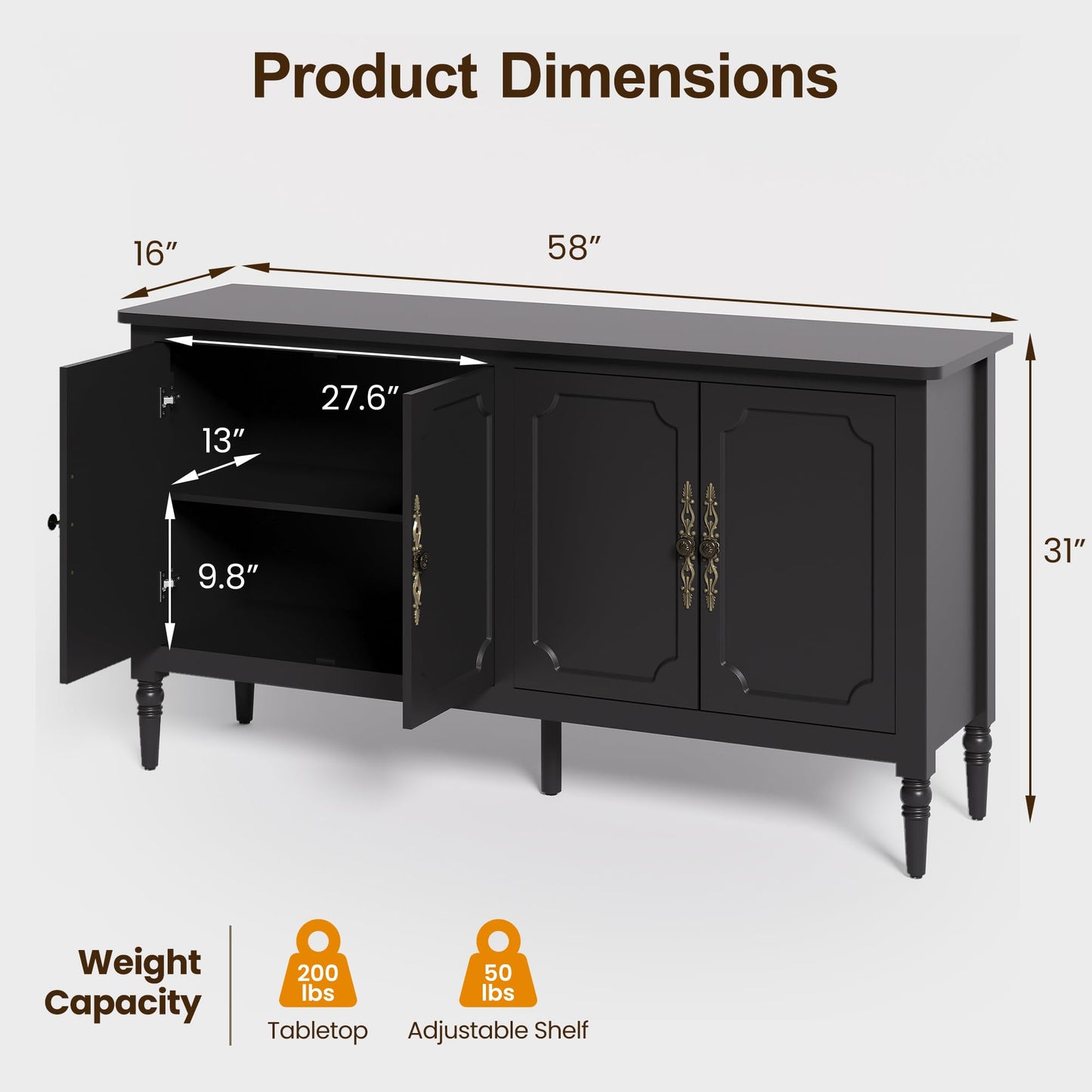 FansaFurn Console Table, 58'' Mid Century Modern Pantry Cabinet, Wood Buffet Sideboard, Media Credenza with 4 Doors, Accent Storage for Entryway, Living Room, Bedroom, Dining Room (Black)