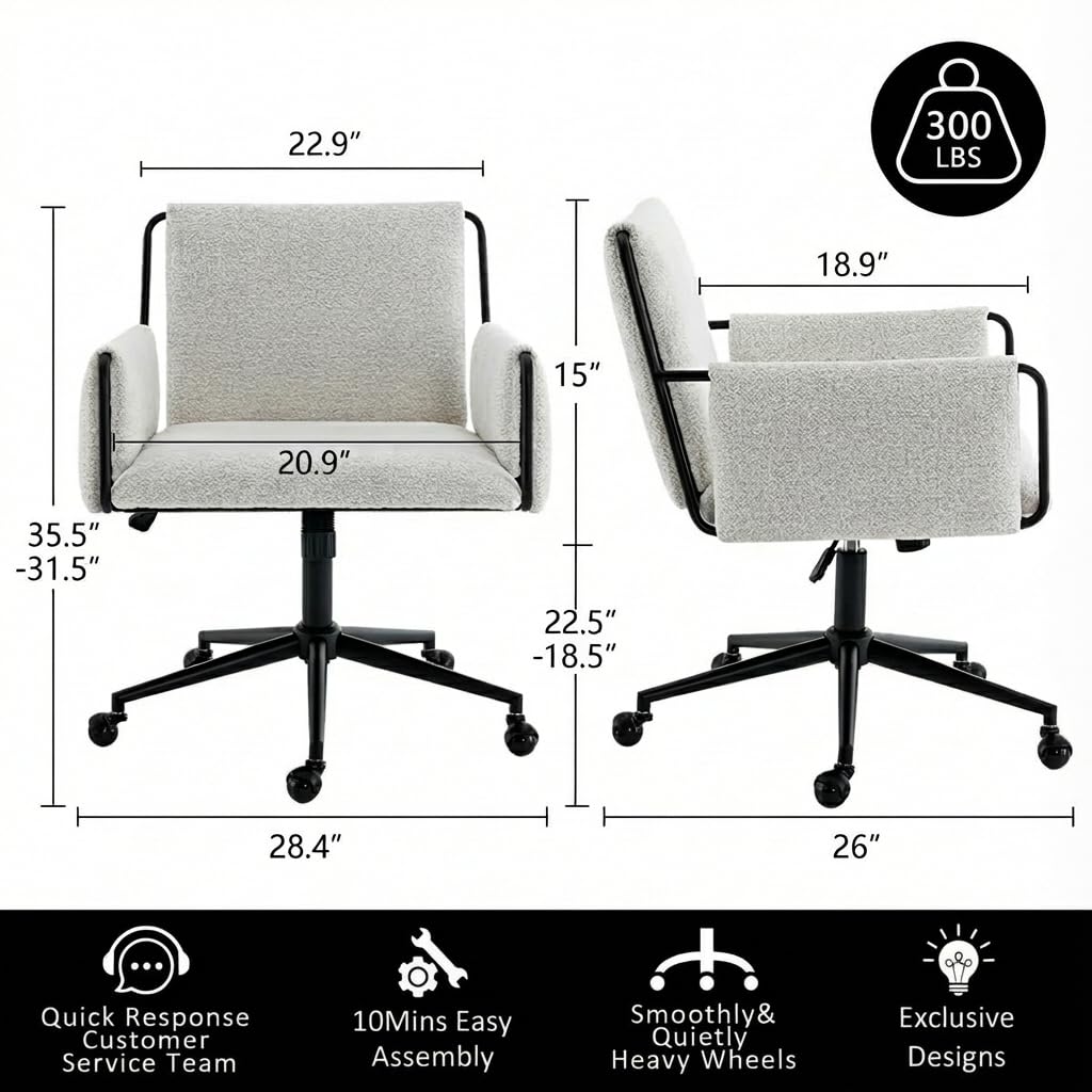 YOUNIKE Wide Seat Home Office Chair, Modern Desk Chair with Comfy Back & Thick Cushion, Fabric, Metal Base, Height Adjustable, Swivel Rolling Task Chair with Wheels for Study/Vanity/Bedroom, Beige
