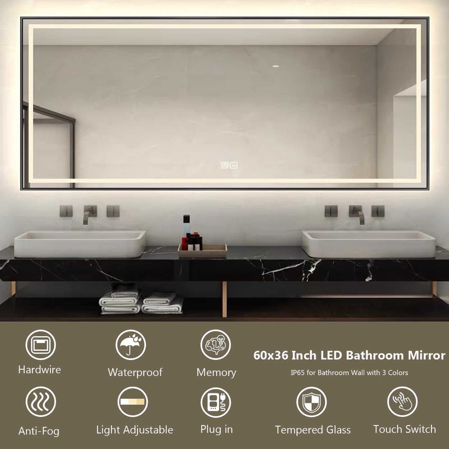 BBRUN 36" L x 60" W LED Bathroom Mirror with Lights, Dimmable Framed Bathroom Vanity Mirror, Anti-Fog, Backlit and Front Lighted, Stepless Dimmable Lighted Mirror, Lighted Vanity Mirror for Wall