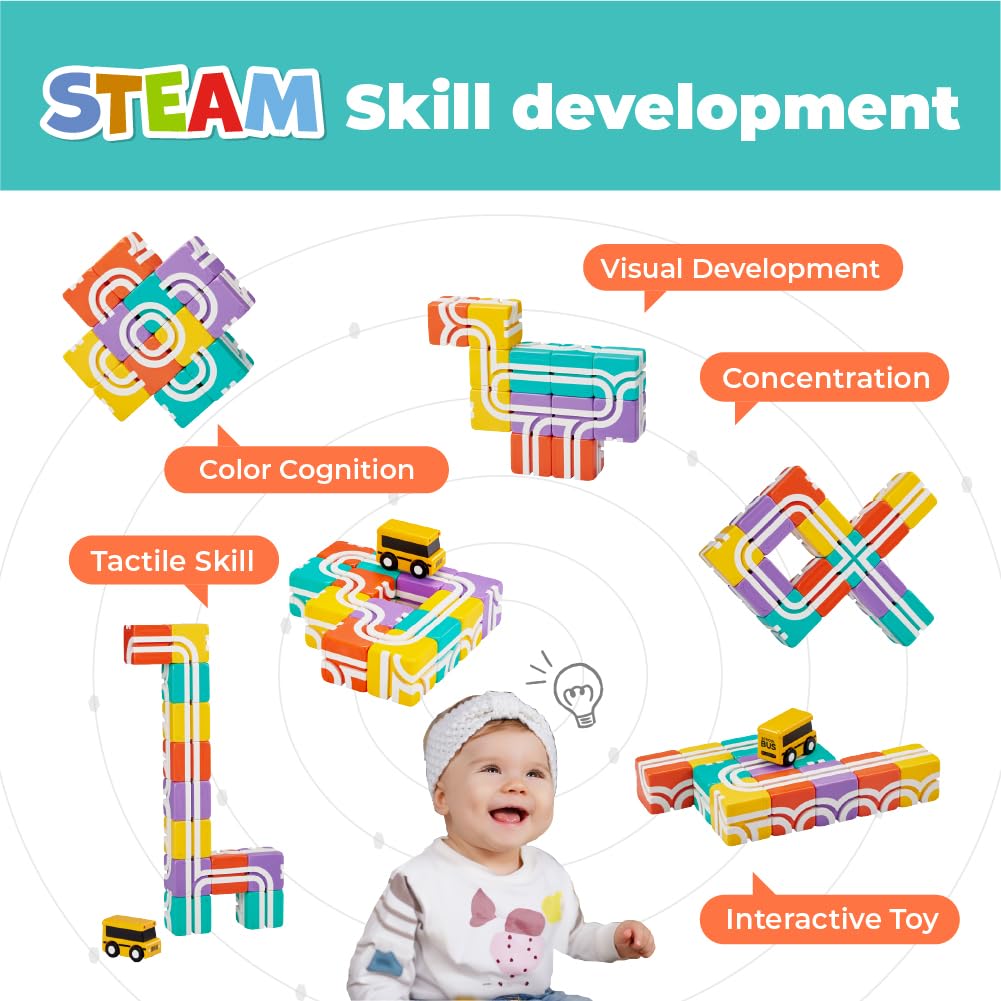 QBI Magnetic Blocks for Toddlers 1-3|School Bus Toy Set with 12 Pastel Track Cubes|STEM Montessori Educational Toys for 1 Year Old Boys & Girls|Safe Large Building Bricks (13 Pieces Starter Pack)