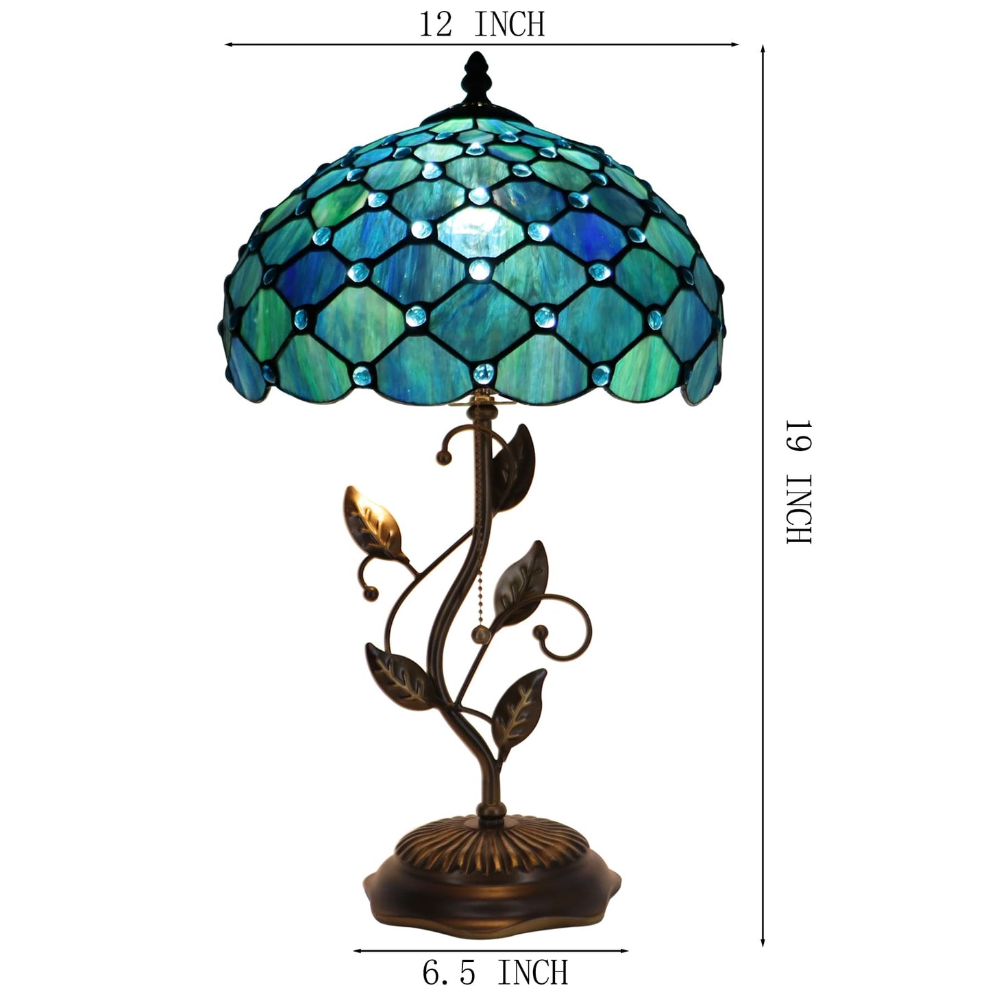 LXHCYOU Tiffany Table Lamp, Stained Glass Desk Light, W12H19 Inch, Metal Leaf Base (Sea Blue Pearl Style)