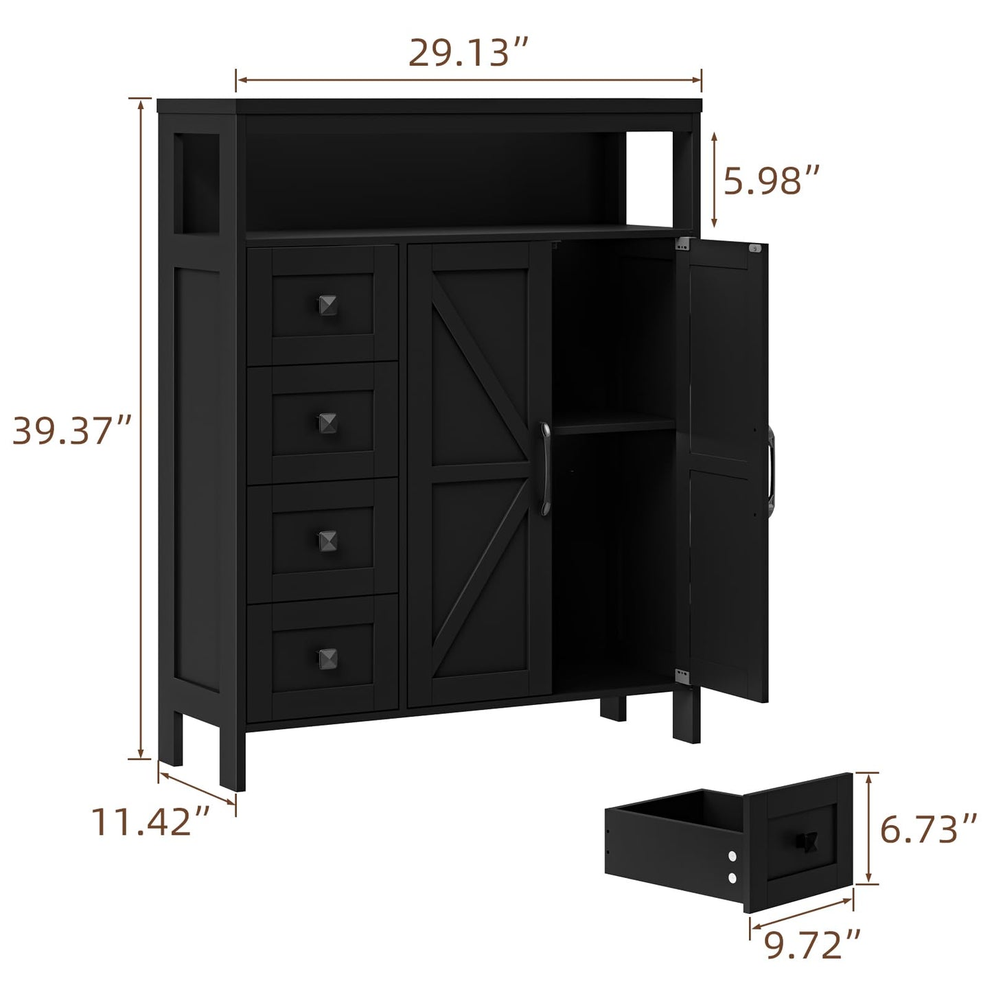 Befrases Farmhouse Storage Cabinet with 2 Doors and 4 Drawers, Freestanding Bathroom Cabinet Kitchen Pantry, Floor Storage Cabinets Hutch Cupboard for Kitchen/Living Room/Bathroom,Pure Black
