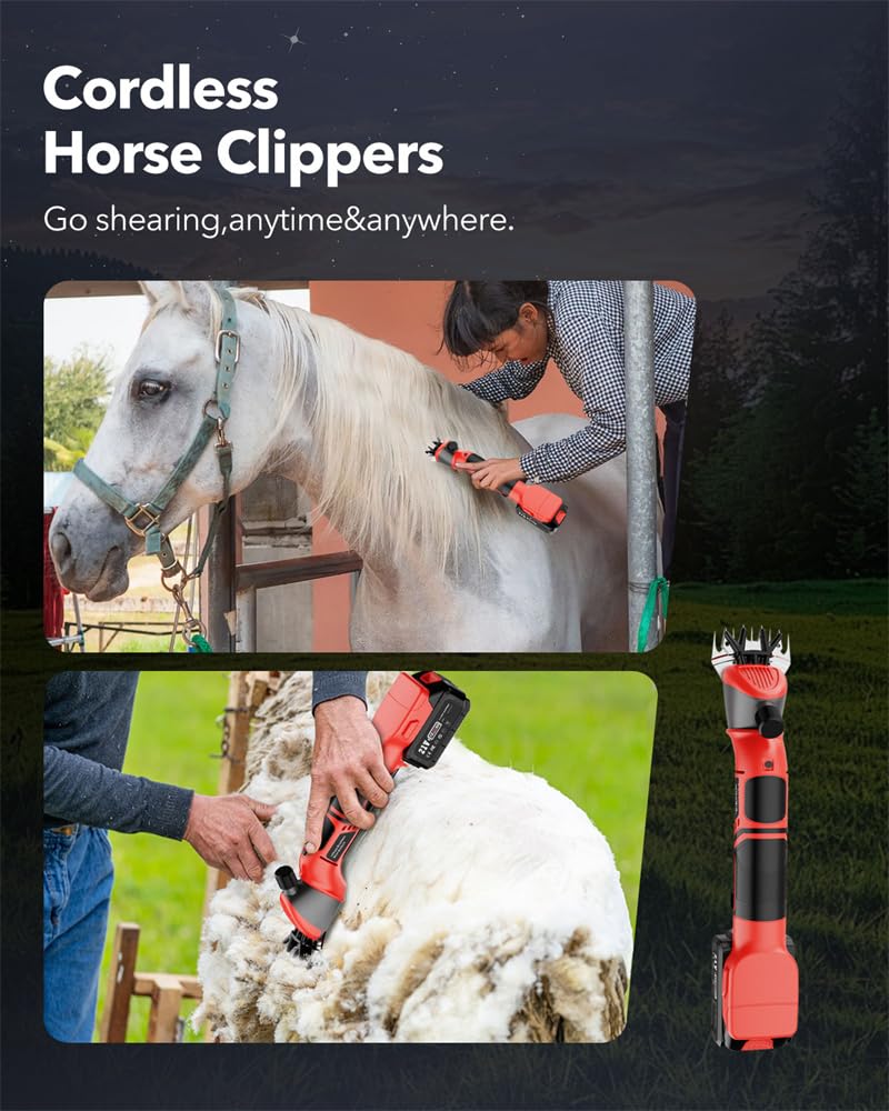 YEACHA Sheep Shears, 20V Horse Clippers Cordless, 2x4.0Ah Batteries Brushless Clippers, Heavy Duty Electric Shears, Horse Grooming Kit for Thick Coat