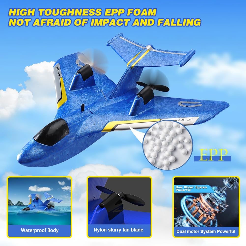 RoofWorld RC Water Plane,RC Airplane for Water Land and Air, Remote Control Airplane Flying Fighter Toys,2.4GHz 6-axis Gyro Stabilizer RTF Glider Aircraft Jet for Kids Adults Beginners Boys (Blue)