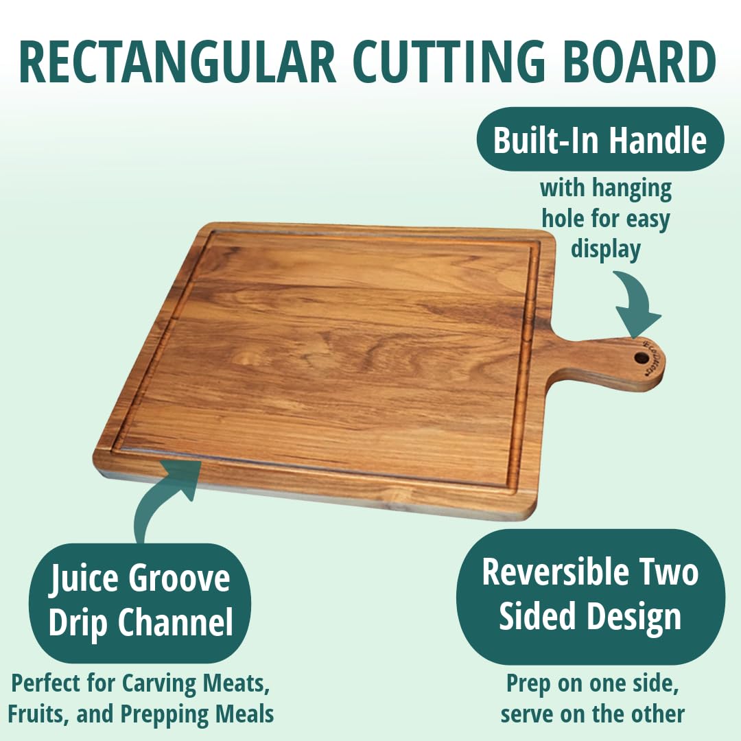 EcoDecors 3 Piece Teak Cutting Board Set with Handles, FSC Certified Edge Grain, Prep and Serving Boards for Kitchen
