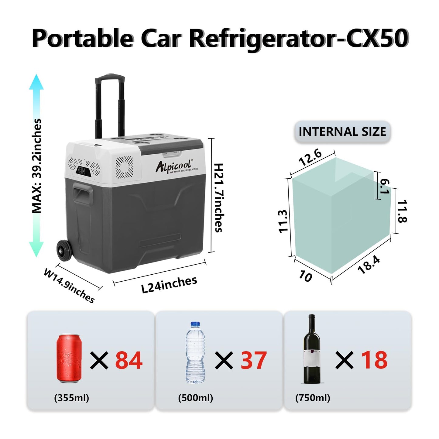 Alpicool ECX40 Portable Refrigerator 42 Quart(39.3 Liter) with Trolley Mini Fridge Freezer for Driving, Travel, Fishing, Outdoor -12/24V DC