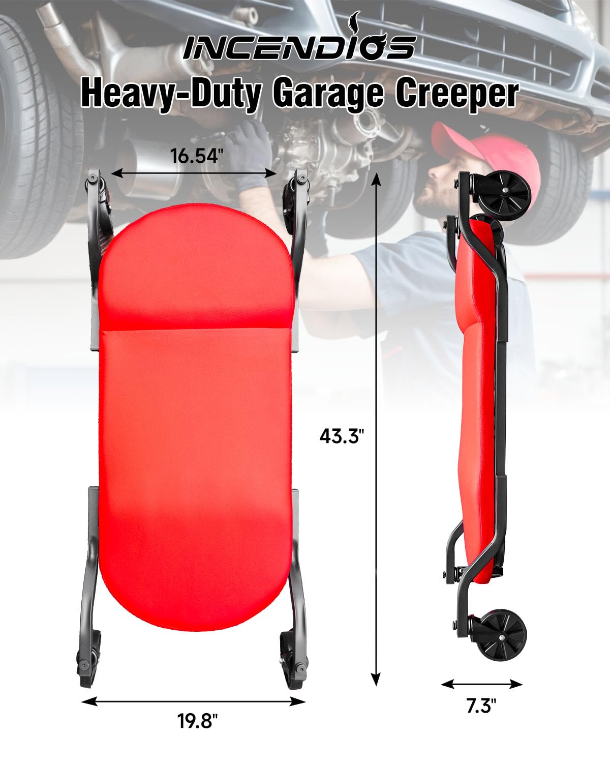 INCENDIOS 43.4 Inch Heavy Duty Mechanic Creeper with Padded Headrest & 360° Swivel Casters, Oversized Garage Creeper for Auto Repair Shop & Workshop, 330 lbs Load Capacity Automotive Rolling Creeper