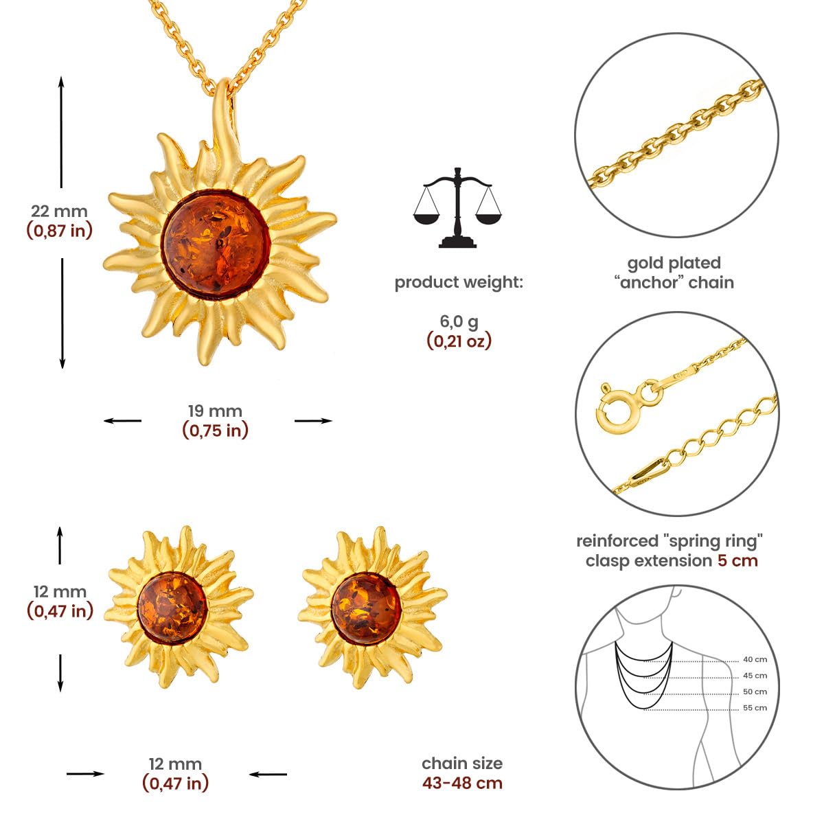 AMBEDORA Women's Jewellery Set Little Sun, Gold Plated Sterling Silver, Baltic Amber in Cognac Colour, Gold Plated Pendant on Chain and Earrings