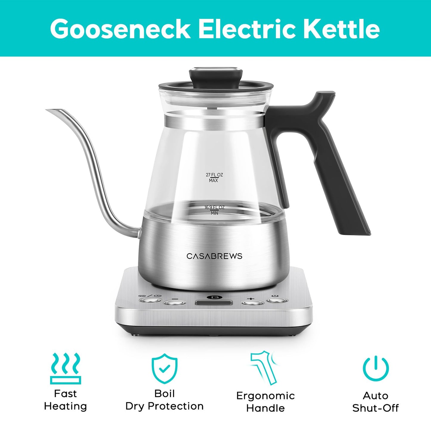 CASABREWS KEG5831 Gooseneck Electric Kettle, Stainless Steel Glass with Temperature Control & Reservation Time Function, Pour Over Kettle for Coffee & Tea, Fast Boiling, Auto Shut-Off, 1200W/0.8L
