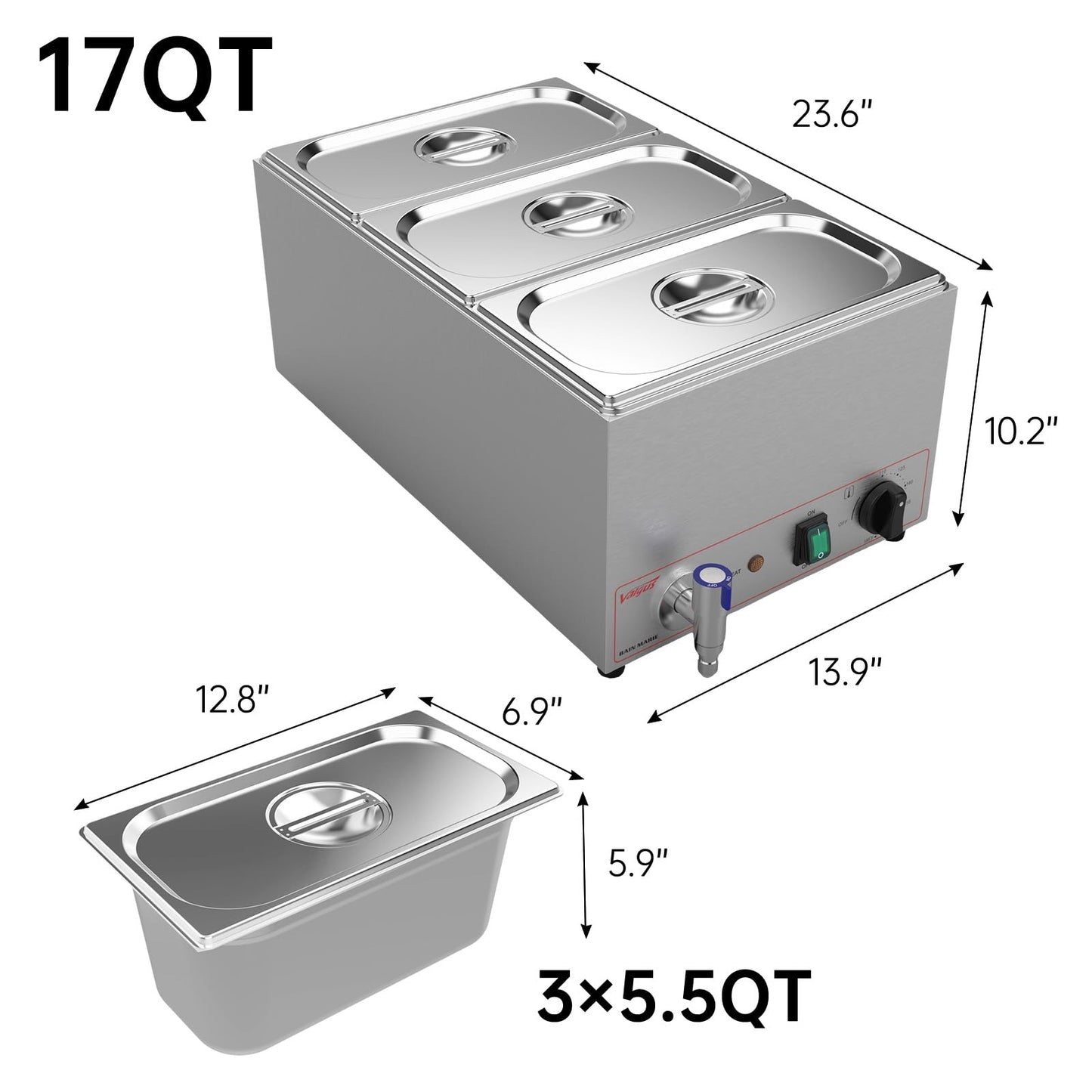 Valgus Commercial Grade Stainless Steel 3 Sections 17 Qt Bain Marie Food Warmers Electric Countertop Steamer with Lid and Tap for Parties, Banquet and Catering Events