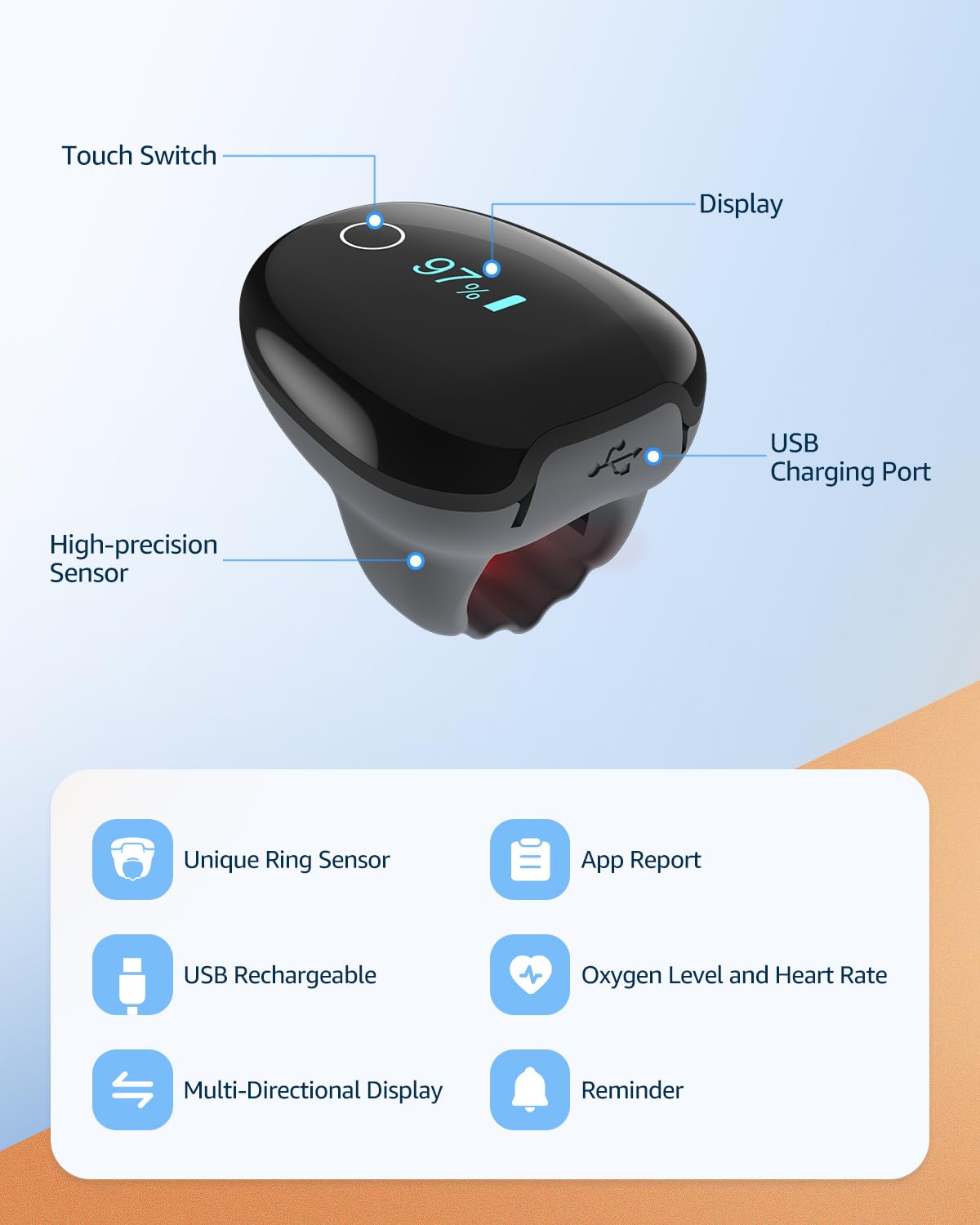 Pulse Oximeter O2 Ring Oxygen Monitor with Smart Reminder Sleep Oxygen Monitor Continuous Recording of SpO2 & PR, Blood Oxygen Saturation Rechargeable Pulse Ox with Free APP & Reports