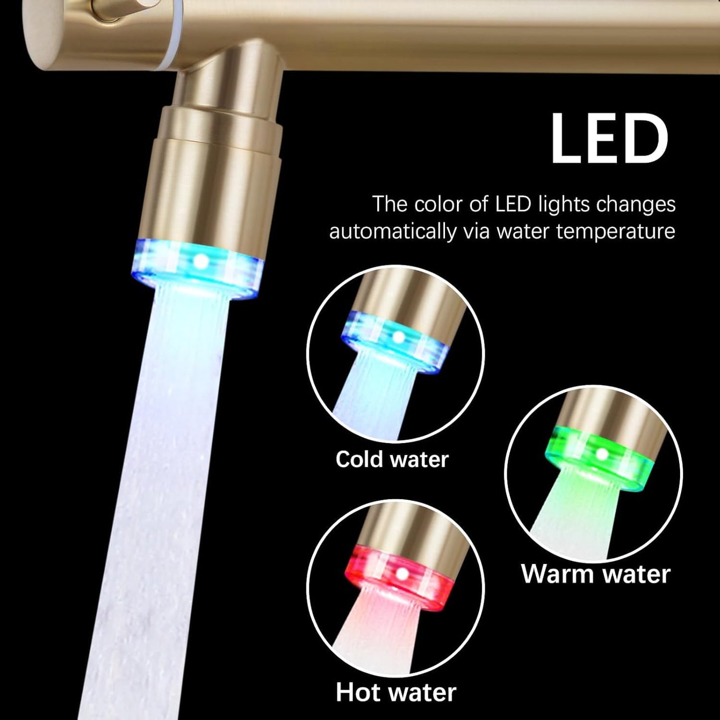 VIDEC Smart Kitchen Faucet, 3 Modes Pull Down Sprayer, LED Temperature Control, Ceramic Valve,360-Degree Rotation,1 or 3 Hole Deck Plate, Double Spout. 10-Year Warranty.(Brushed Gold, KW-21CG)