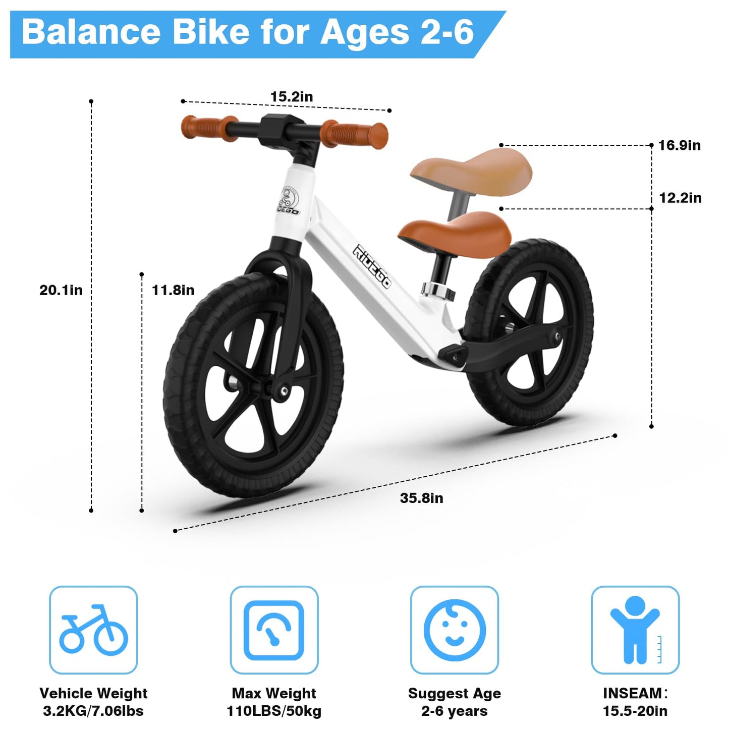 Ridego 12 Inch Balance Bike for Kids 2-4 Year Old, Lightweight Kids Bike with Adjustable Seat, Push Bicycle with Air Rubber Tires, Ride-on Toys Birthday Gift