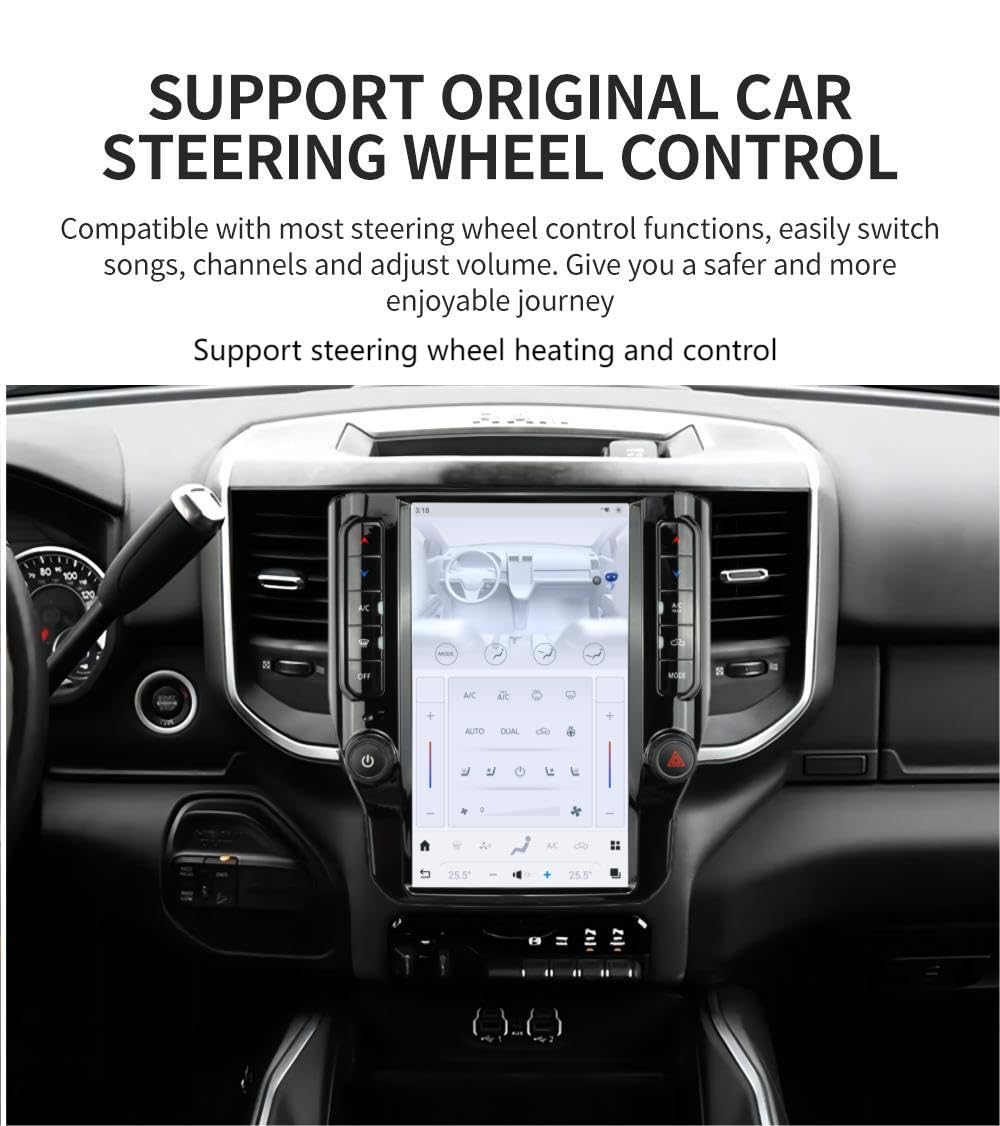 Large Touch Screen Car Navigation Radio for Dodge 2019-2024 RAM 1500 2500 3500,Tesla Style 12.1 Inch,Apple CarPlay GPS Music Video Web Player app Download,and retain All Original Vehicle Functions