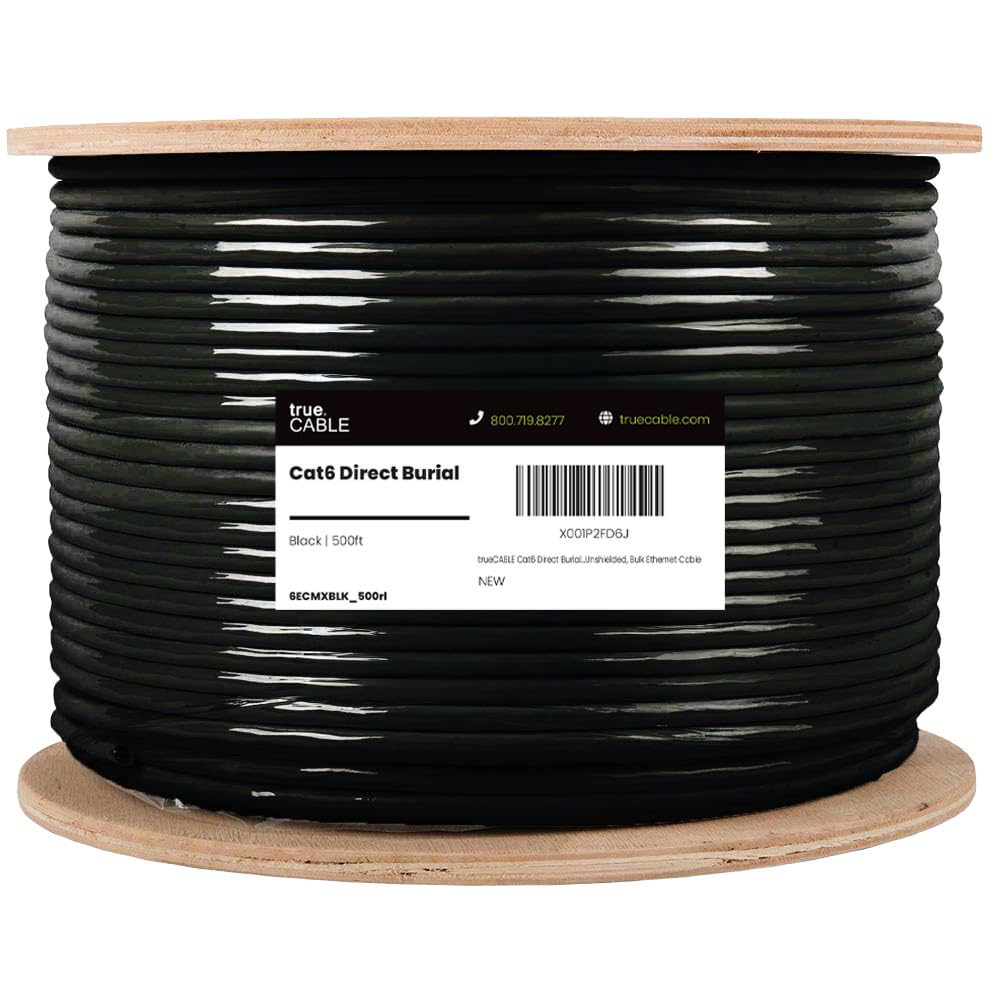 TRUE CABLE Cat6 Direct Burial Outdoor Bulk Ethernet Cable, Unshielded, 500ft, Black, 23AWG Solid Bare Copper, Outdoor OSP Jacket, Waterproof, UV, 550MHz, PoE++ 100W (4PPoE)