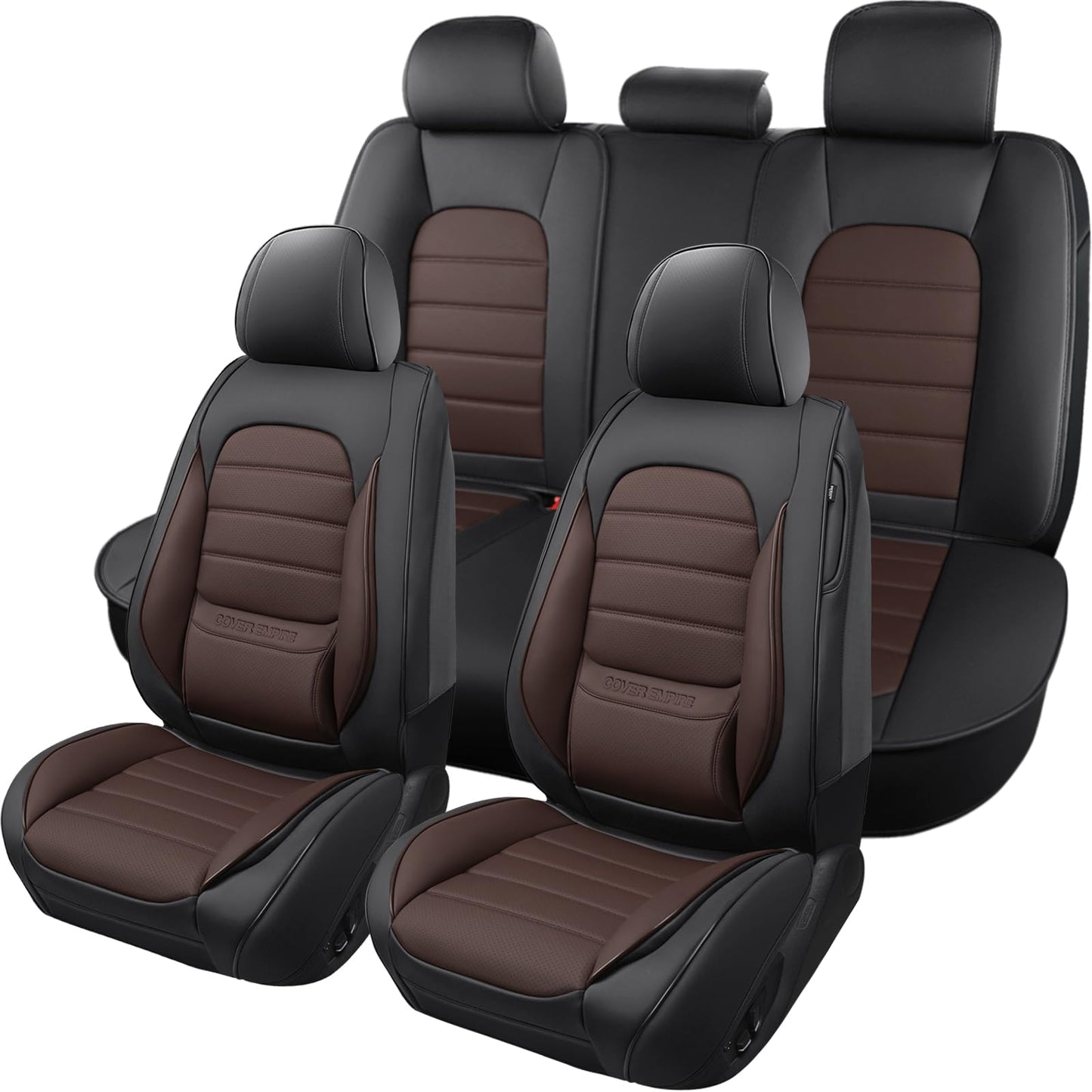 COVER EMPIRE Car Seat Covers Full Set, 5 Seats Universal Leather Seat Covers for Cars, Waterproof Front and Rear Seat Cover, Breathable Automotive Seat Cover for Most Sedans, Trucks, SUVs, Black&Brown