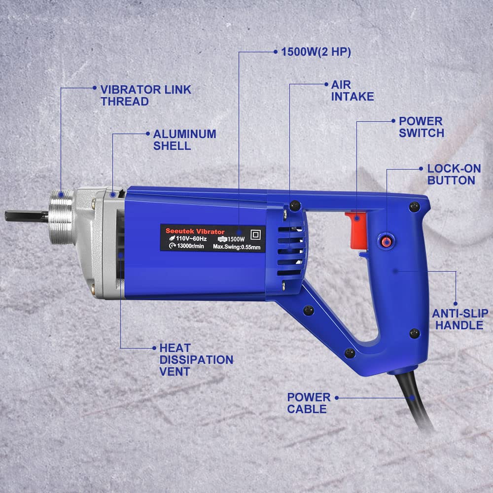 Seeutek Handheld Concrete Vibrating Tool, 1500W Electric Concrete Vibrator with 13000VPM for Portable Concrete Tools, 6.6FT