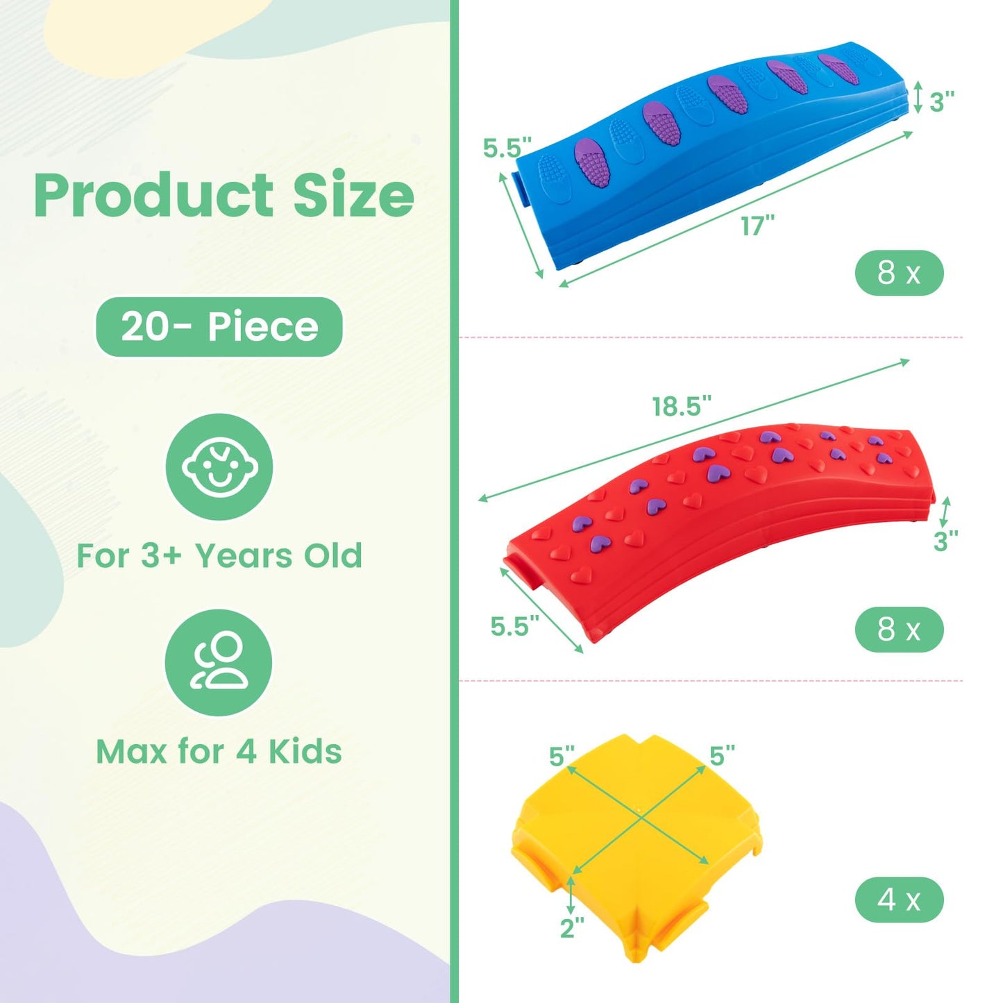 INFANS Kids Balance Beam Stepping Stones Set, 20 PCS Montessori Obstacle Course for Toddler Indoor Outdoor, Non Slip Rubber Base, Gymnastics Toy, Build Coordination Gross Motor Skills (Rainbow)