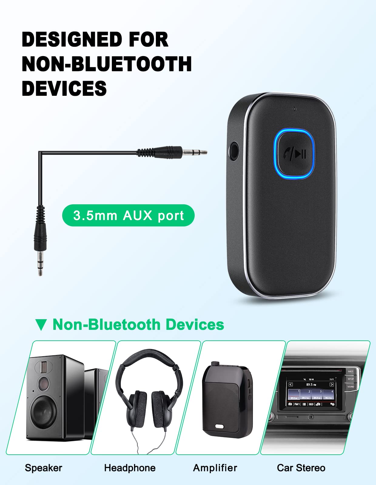 COMSOON Bluetooth AUX Adapter for Car, Noise Reduction Bluetooth Receiver for Music/Hands-Free Calls, Wireless Audio Receiver for Home Stereo/Speaker, 16H Battery Life/Dual Connect (All Black)
