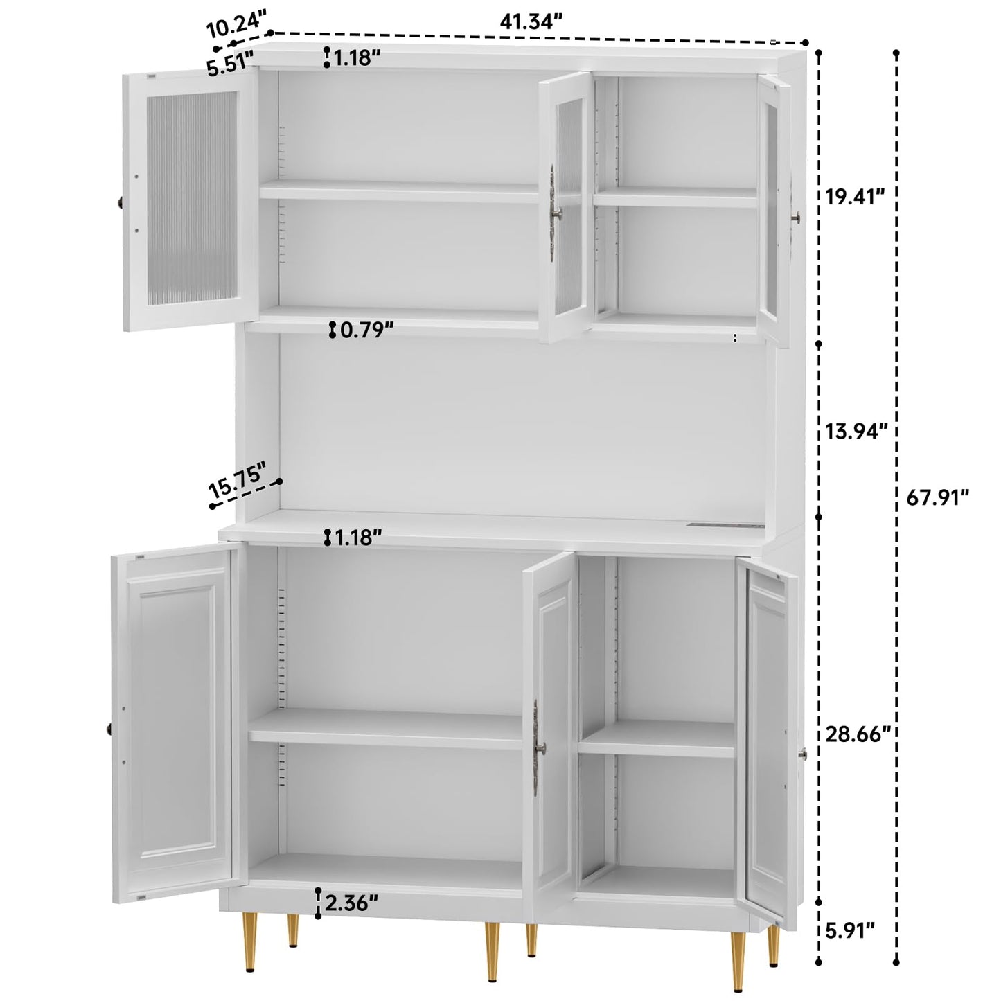 AUN Pantry Cabinet with Charging Station - 68" Multi-Scene Storage Cabinet for Kitchen, Coffee Bar, Dining Room | Adjustable Shelves & Soft-Close Doors,White
