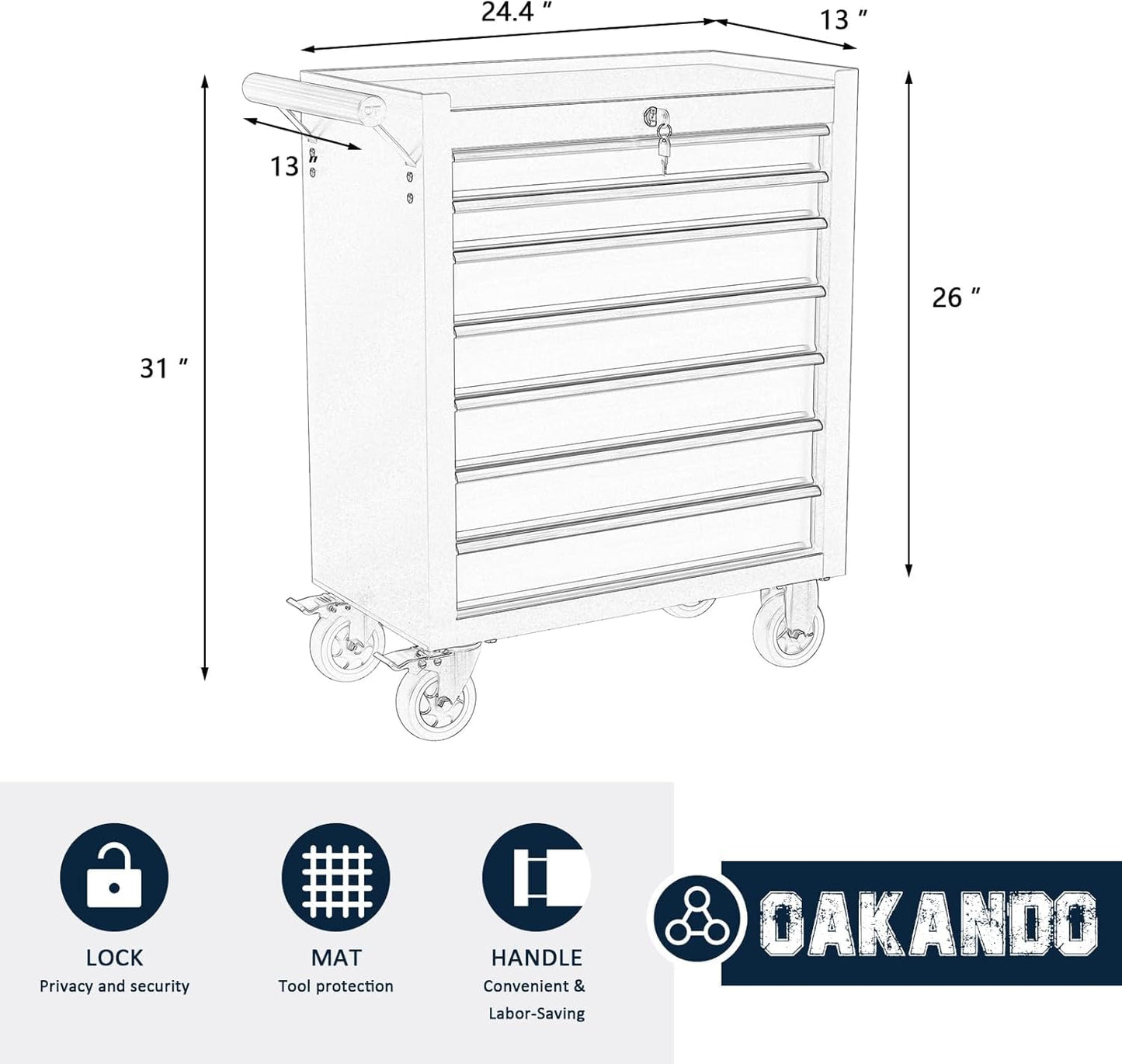 OAKANDO 7-Drawer Metal Rolling Tool Chest with Wheels,Tool Storage Cabinet with Locking System,Toolbox with Wheels for Garage,Workshop, Repair Shop(Black, 7-Drawer)