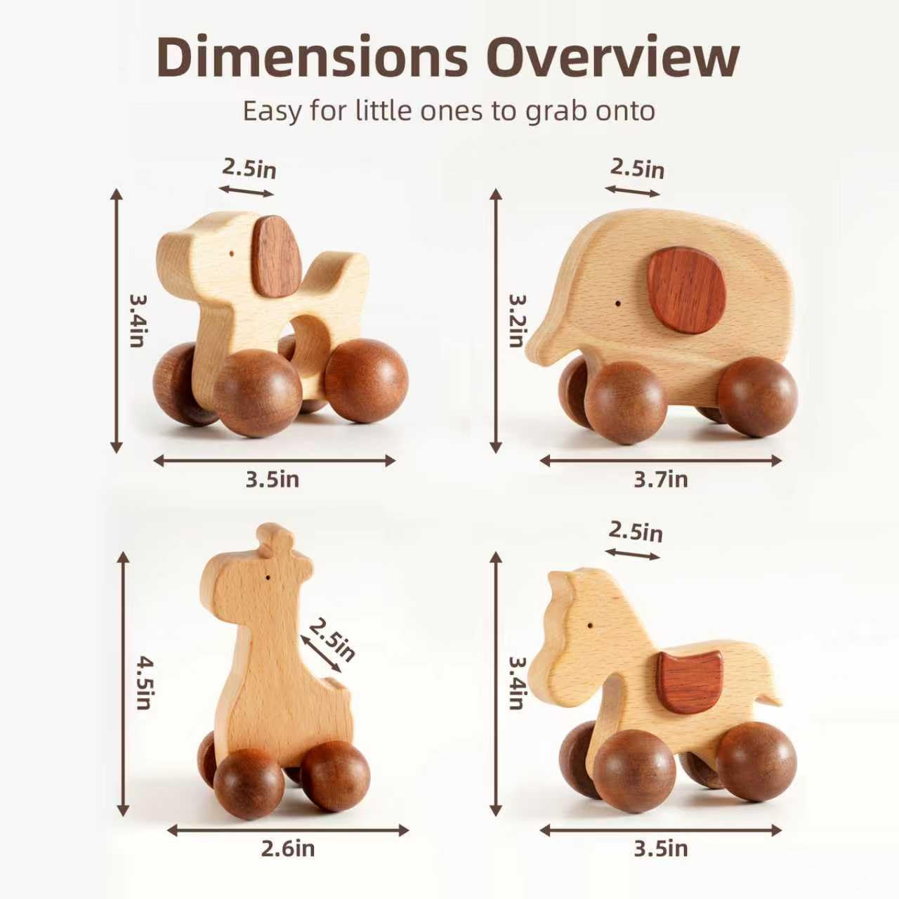 DadCarved Baby Push Car Montessori Toys, 4PCS Wooden Animal Toy Vehicles for Toddlers, Natural Wood Infant Car Toys (Puppy, Elephant, Pony, Giraffe) for Gift and Decor