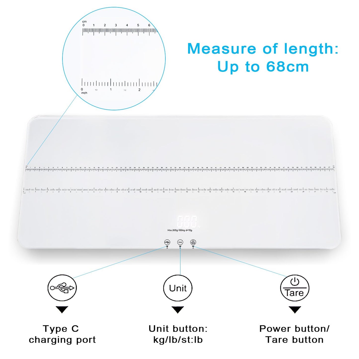 UNIWEIGH Digital Pet Scale 220lbs x10g Accuracy,Dog/Cat Animal Scales with 3 Weighing Units/Tare/Hold Function,Baby Scale for Pets,Tempered Glass Material,USB Charging,Large LED Platform Scale,White