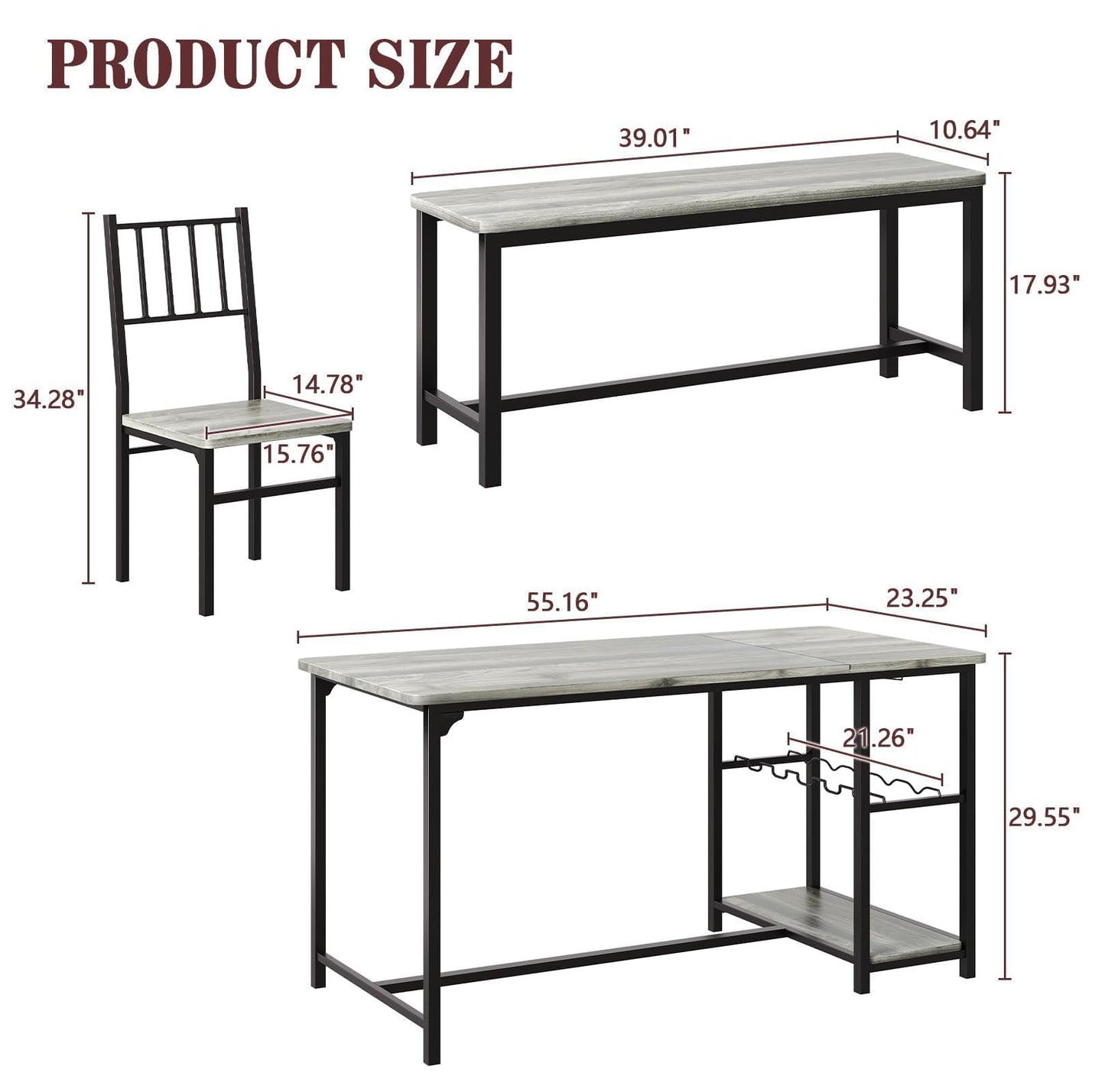 4 EVER WINNER Dining Table Set for 4, 55" Kitchen Table Set with Storage Shelf, Wine Rack & Wine Glasses Holder, Breakfast Table Set for 4 with Chairs and Bench for Dining Room, Kitchen, Wash Grey