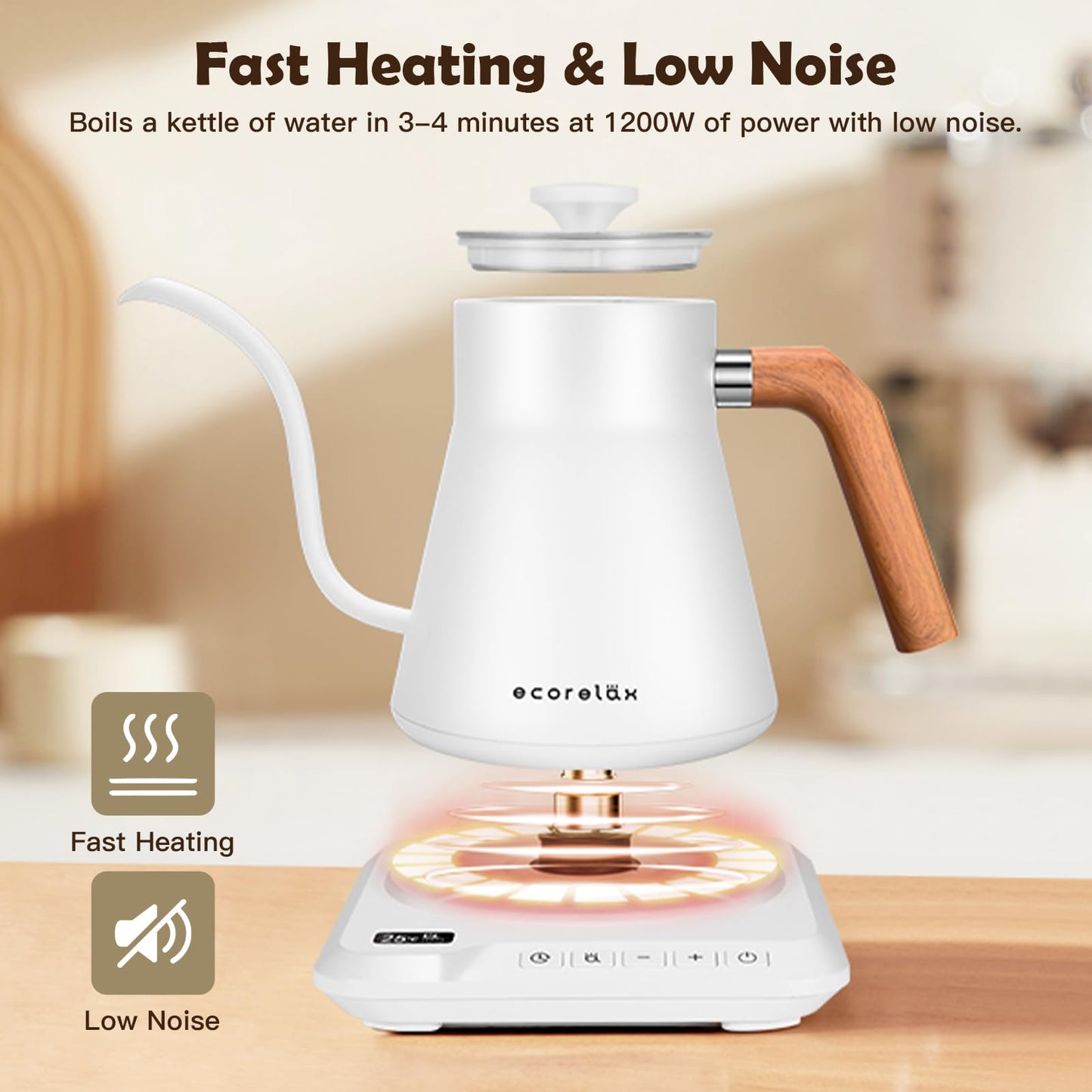 ECORELAX Gooseneck Electric Kettle, ±1℉ Temperature Control Pour Over Kettle for Coffee, Tea & Water, Stainless Steel 1200 W Keep Warm OLED Display 1 L (White)