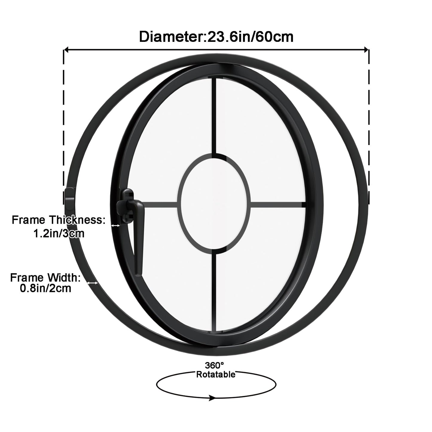 Clear Rotating Round Window, 23.6'' Porthole Window with Transparent Tempered Glass, Iron Frame Center-Pivot Window with Handle, Decor Ventilation Window for Indoor Outdoor Kitchen Office(Black)