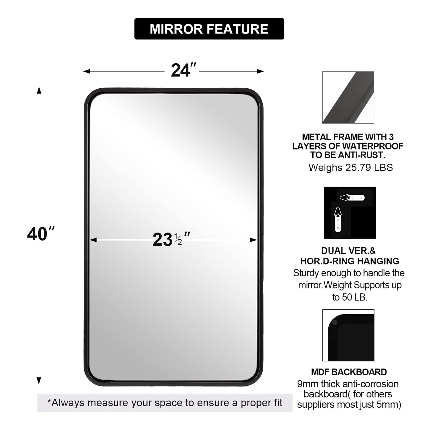 ANDY STAR 24x40 Inch Bathroom Vanity Mirror, Black Rounded Rectangle Bathroom Mirror in1 Inch Tube Metal Frame Wall-Mounted Horizontal/Vertical