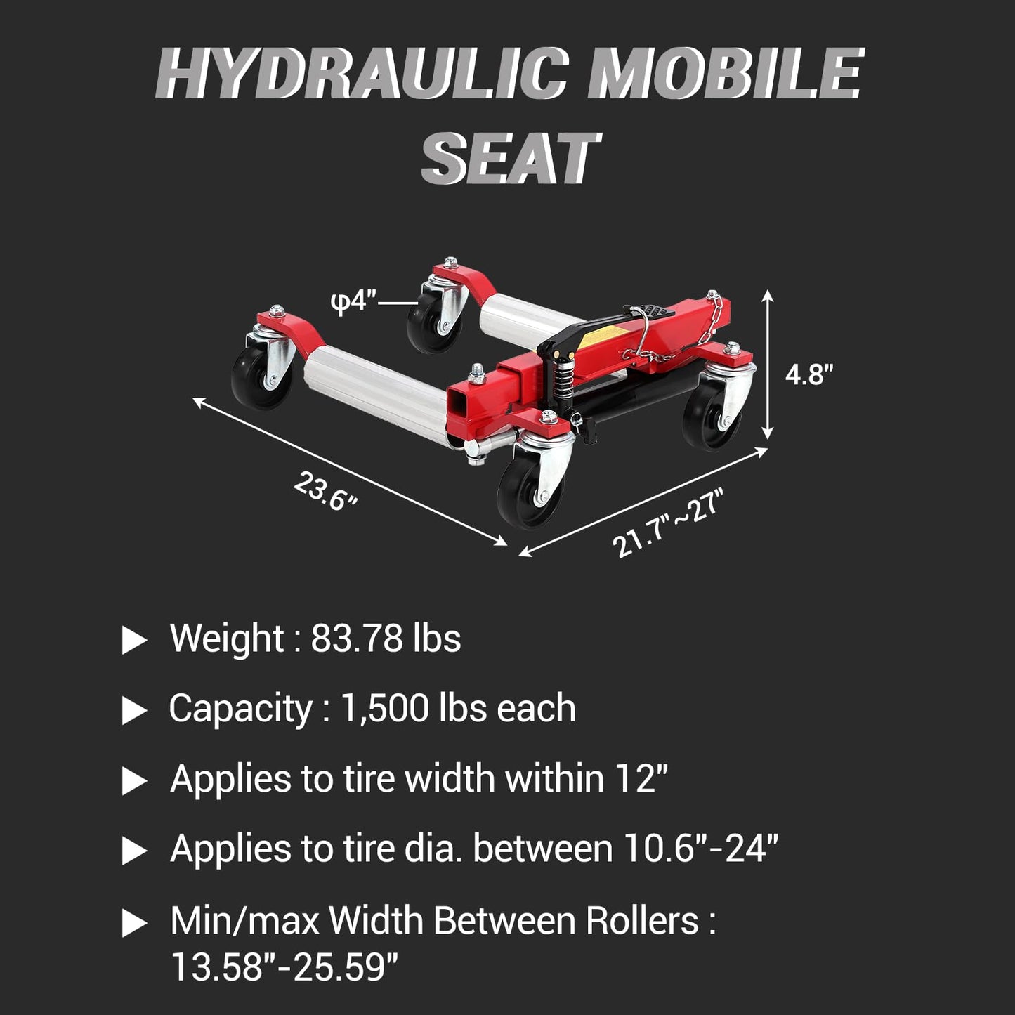 Car Wheel Dolly Set of 2, 1500 LBS Capacity Car Dolly with Hydraulic Tire Jack & Aluminium Twin Rollers, Heavy Duty Rollers with Foot Pedal for Tire Auto Repair Moving, Red