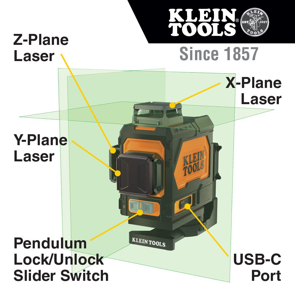 Klein Tools 80184 Laser Level 360-Degree Self-Leveling with Tripod Stand, Green Laser Level, Class 2 Laser, ≤1mW Each Beam, and Compact Tripod Kit with Mount, 2-Piece